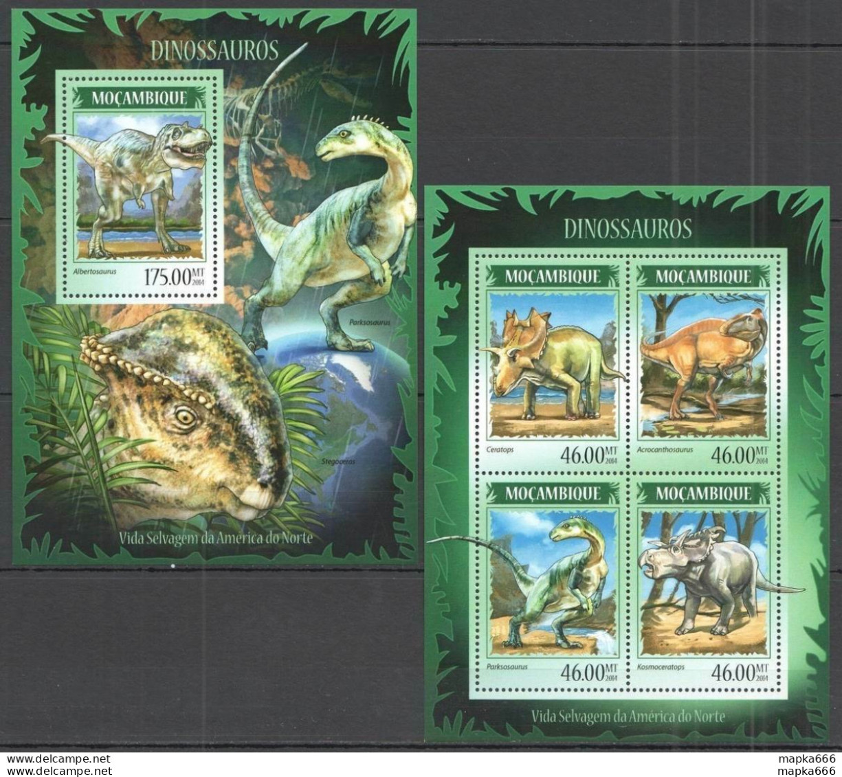 St2414 2014 Mozambique Dinosaurs Fauna Reptiles Prehistoric Animals Kb+Bl Mnh - Prehistóricos