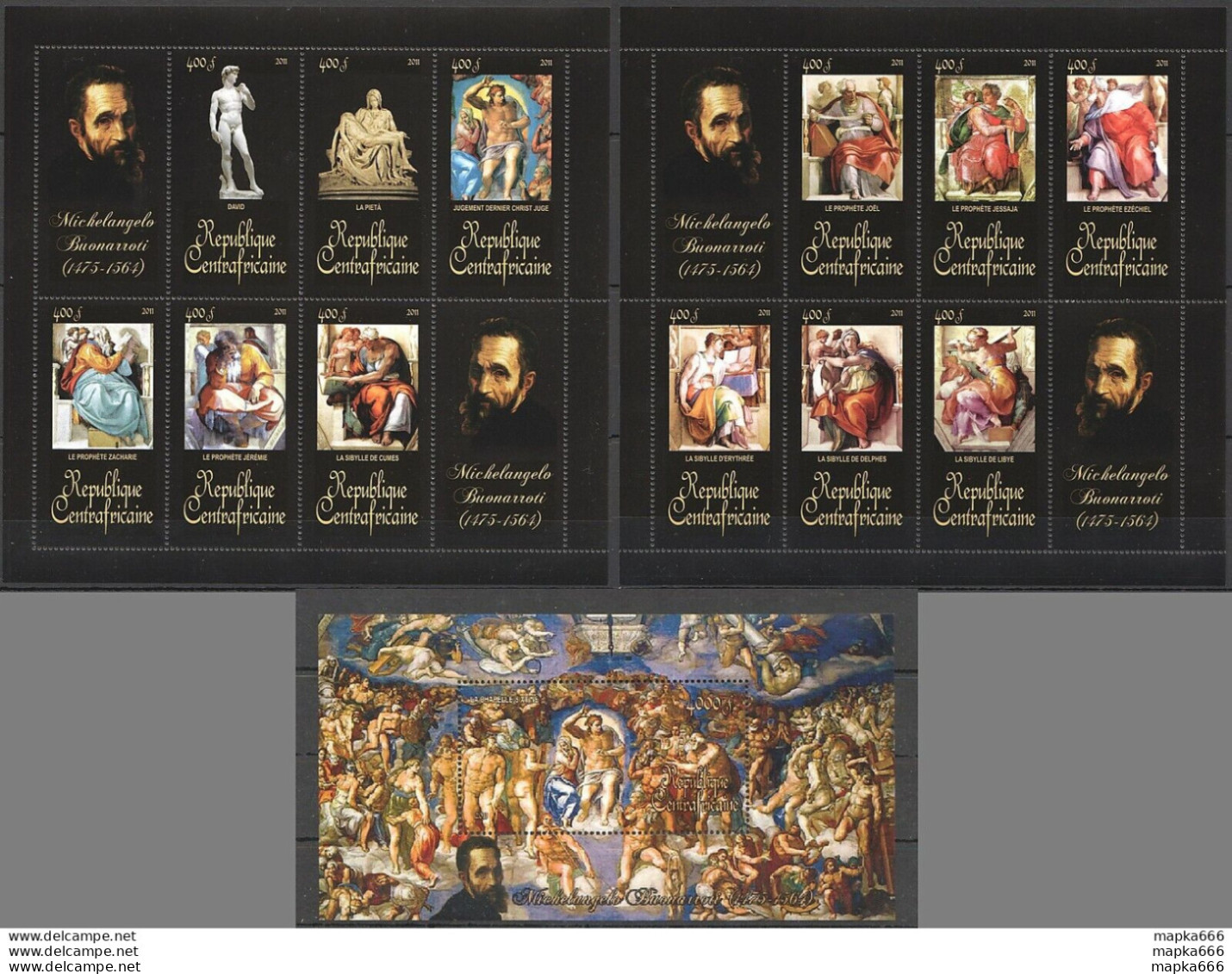 Ca1052 2011 Central Africa Art Paintings Michelangelo Buonarroti Bl+2Kb Mnh - Sonstige & Ohne Zuordnung