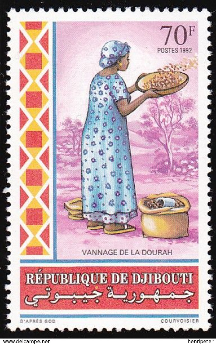 Timbre-poste Gommé Neuf** - Préparation De La Nourriture De Base Vannage De La Dourah - N° 692 (Yvert) - Djibouti 1992 - Dschibuti (1977-...)