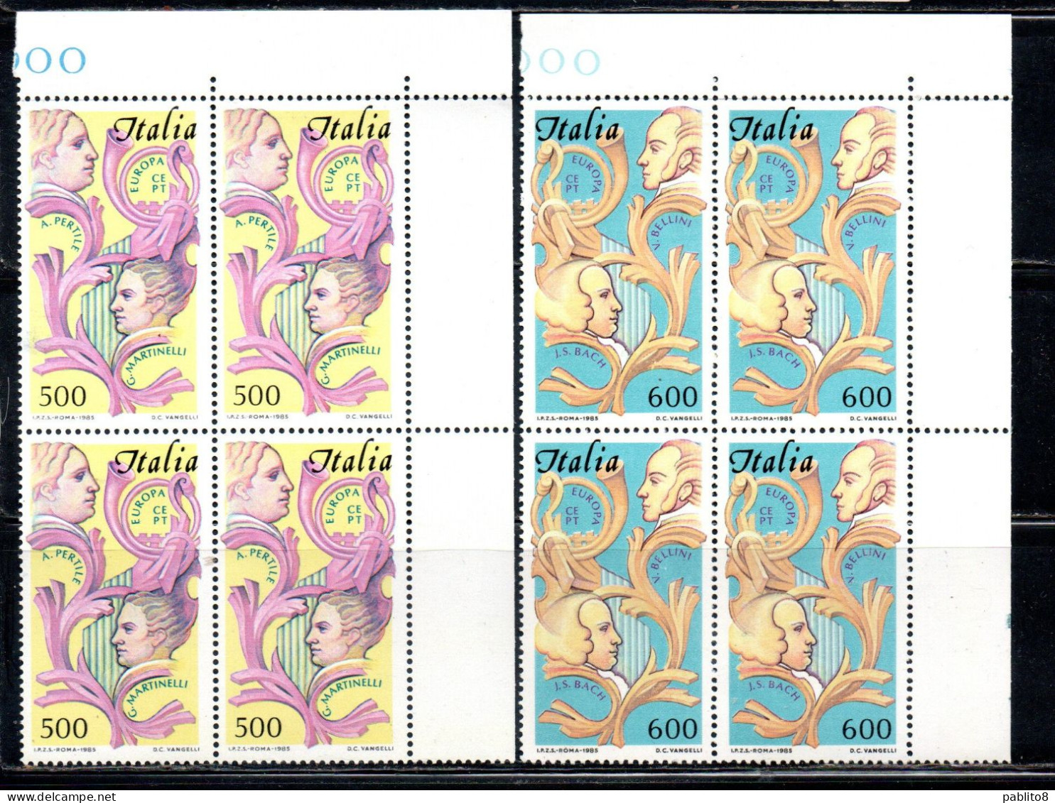 ITALIA REPUBBLICA ITALY REPUBLIC 1985 EUROPA CEPT UNITA SERIE COMPLETA MUSICA MUSIC QUARTINA ANGOLO DI FOGLIO BLOCK MNH - 1981-90: Nieuw/plakker