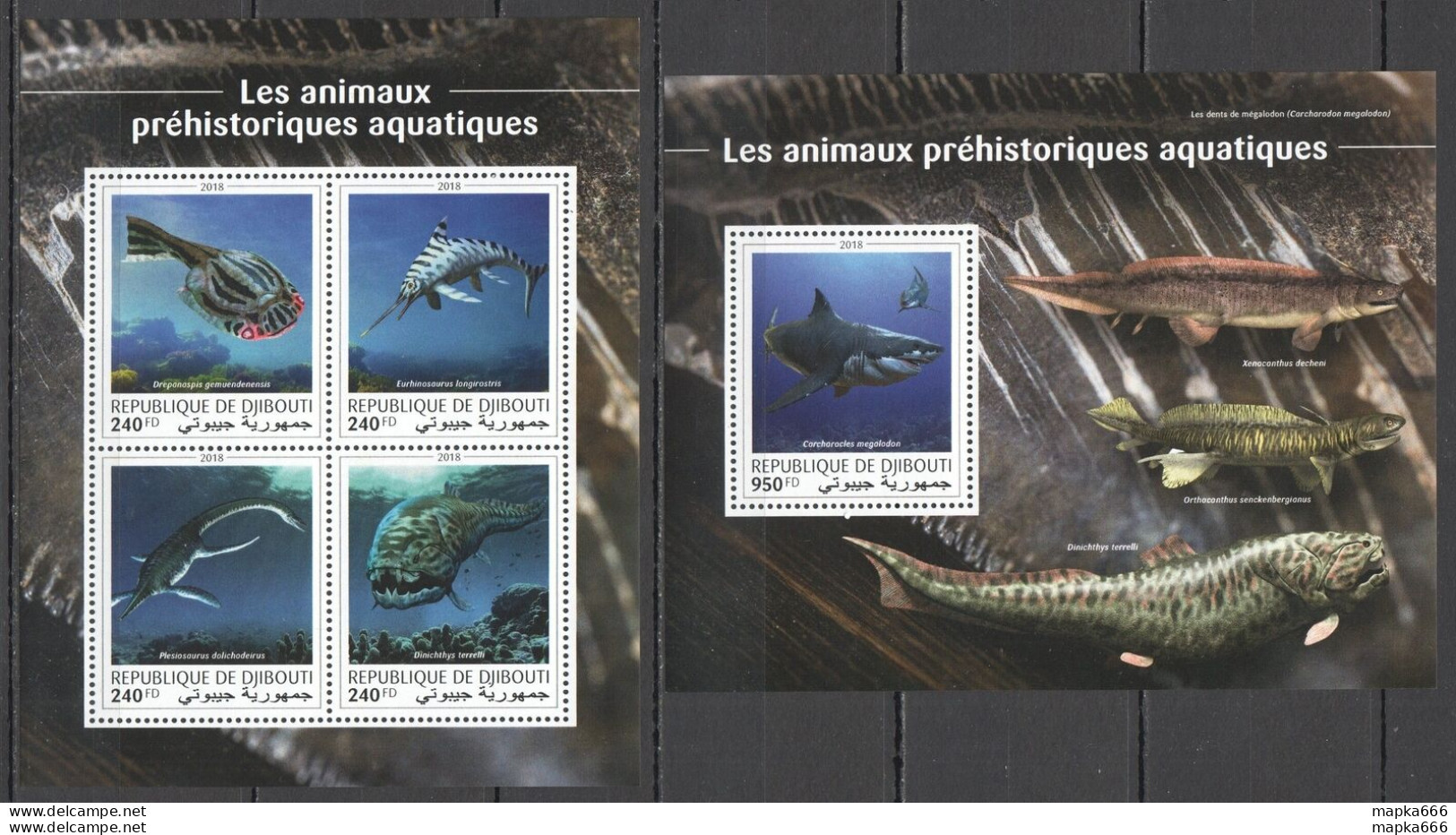 Hm0390 2018 Djibouti Dinosaurs Prehistoric Water Animals #2522-5+Bl1219 Mnh - Prehistóricos