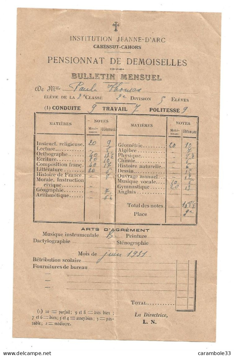 PENSIONNAT  DE DEMOISELLES    INSTITUTION JEANNE-D'ARC    CABESSUT-CAHORS   1931   Bon état  (1478) - Diplome Und Schulzeugnisse