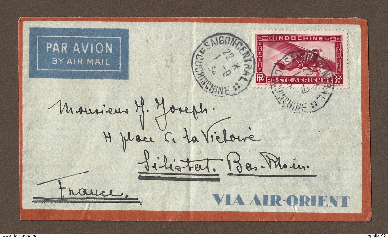 !!! INDOCHINE, LETTRE PAR AVION DE SAIGON-CENTRAL, COCHINCHINE POUR LA FRANCE DE 1934 - Poste Aérienne