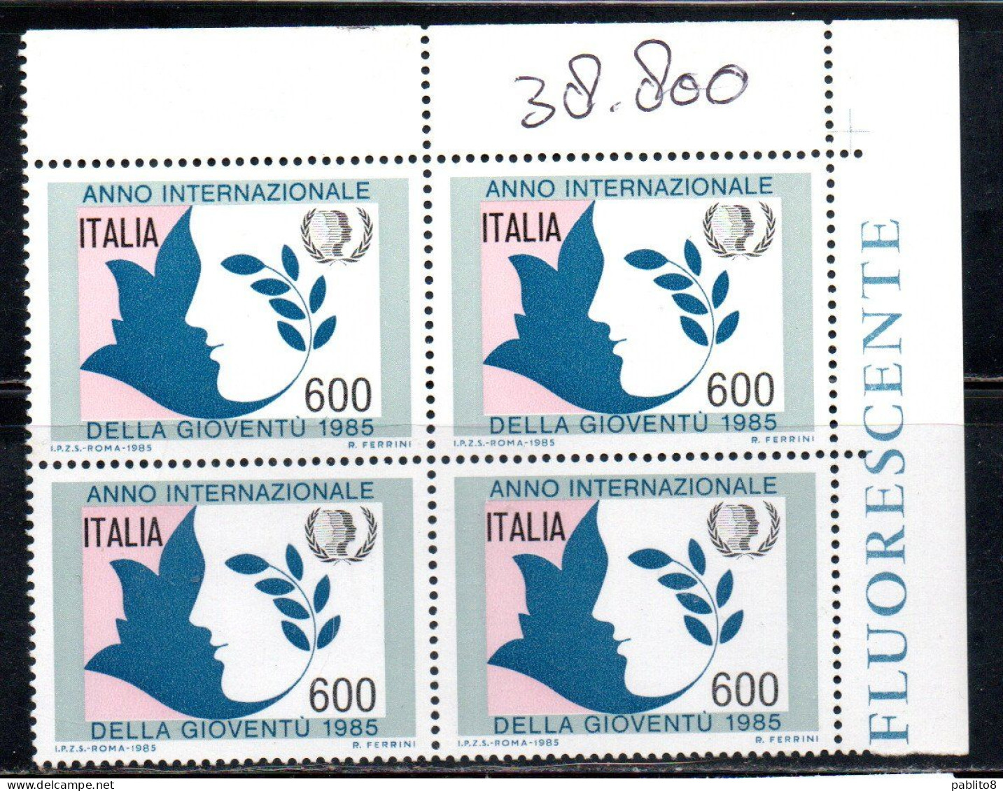 ITALIA REPUBBLICA ITALY REPUBLIC 1985 ANNO INTERNAZIONALE DELLA GIOVENTU' YOUTH YEAR QUARTINA ANGOLO DI FOGLIO BLOCK MNH - 1981-90: Nieuw/plakker