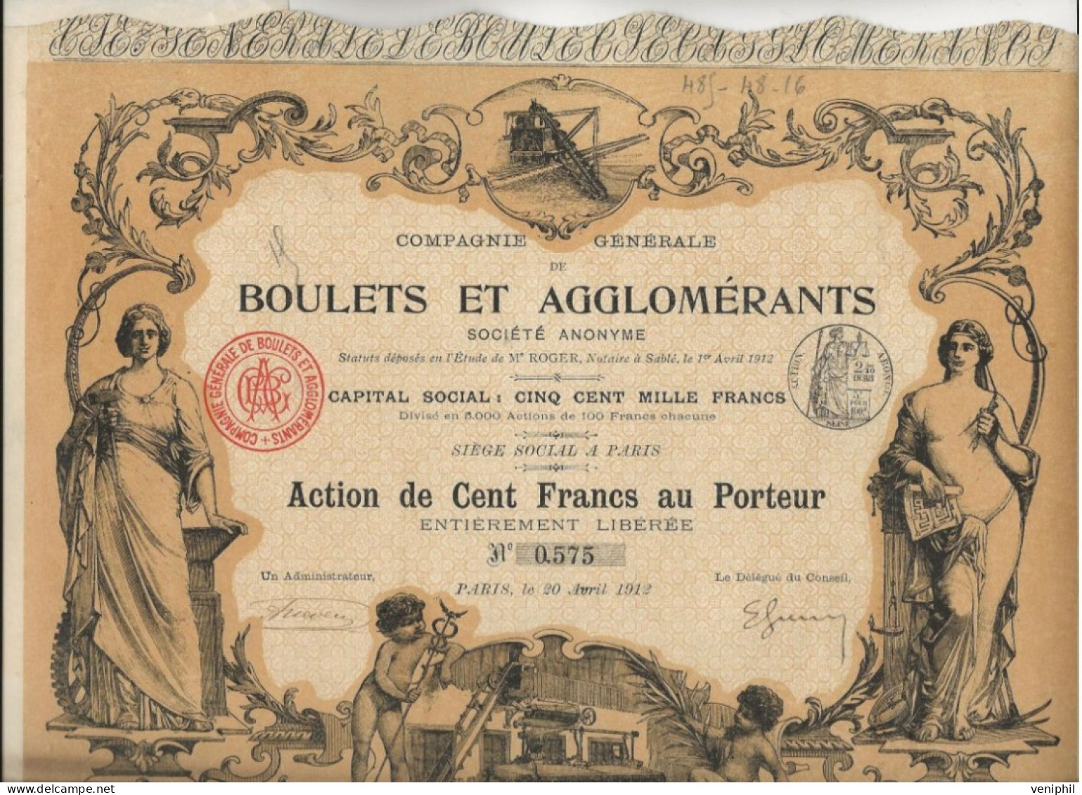 COMPAGNIE BOULETS  ET AGGLOMERANTS  -TRES BELLE ACTION ILLUSTREE DE 500 FRS- ANNEE 1912 - Mines