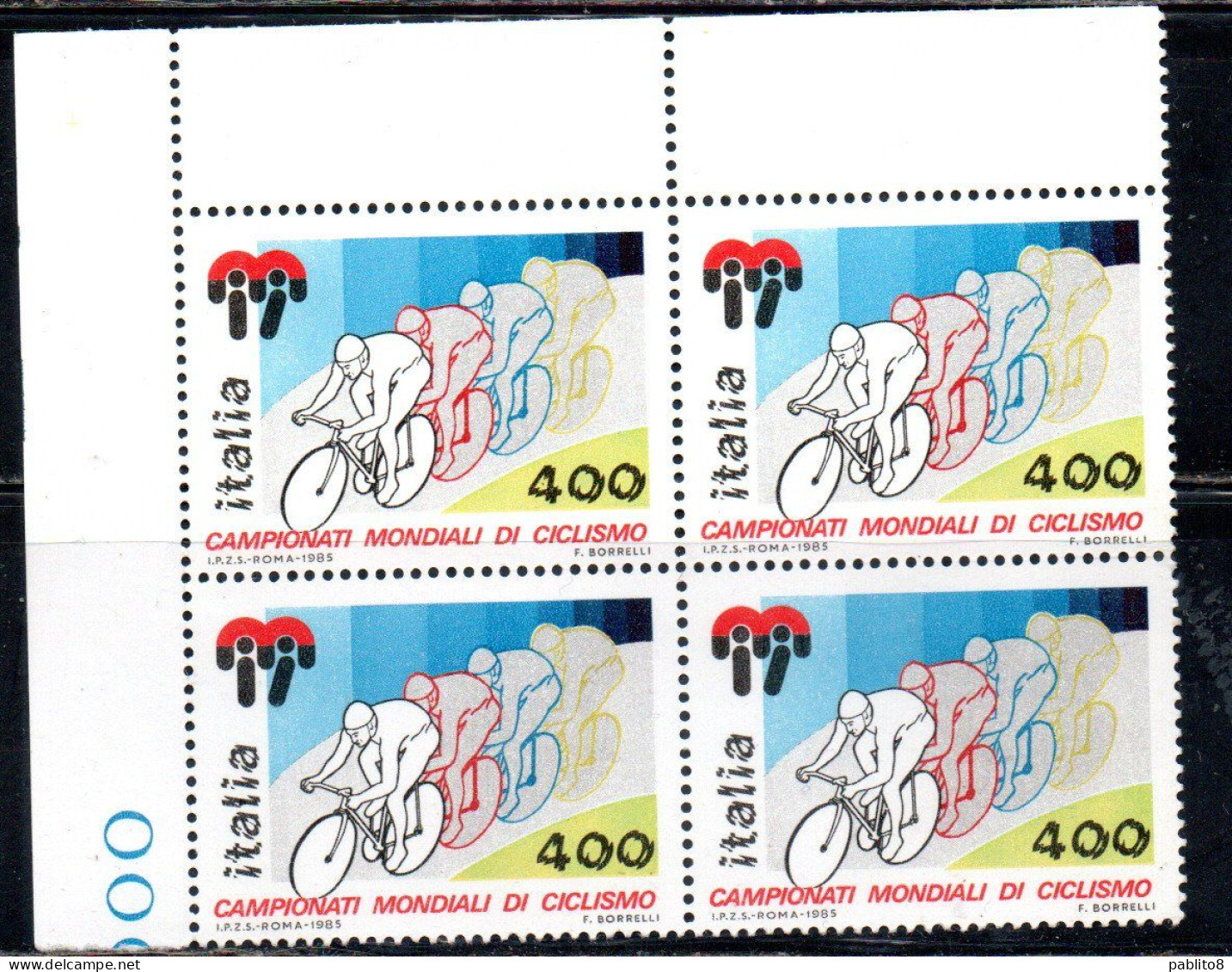 ITALIA REPUBBLICA ITALY1985CAMPIONATI MONDIALI CICLISMO SU PISTA VELODROMO BASSANO DEL GRAPPA QUARTINA ANGOLO FOGLIO MNH - 1981-90: Mint/hinged