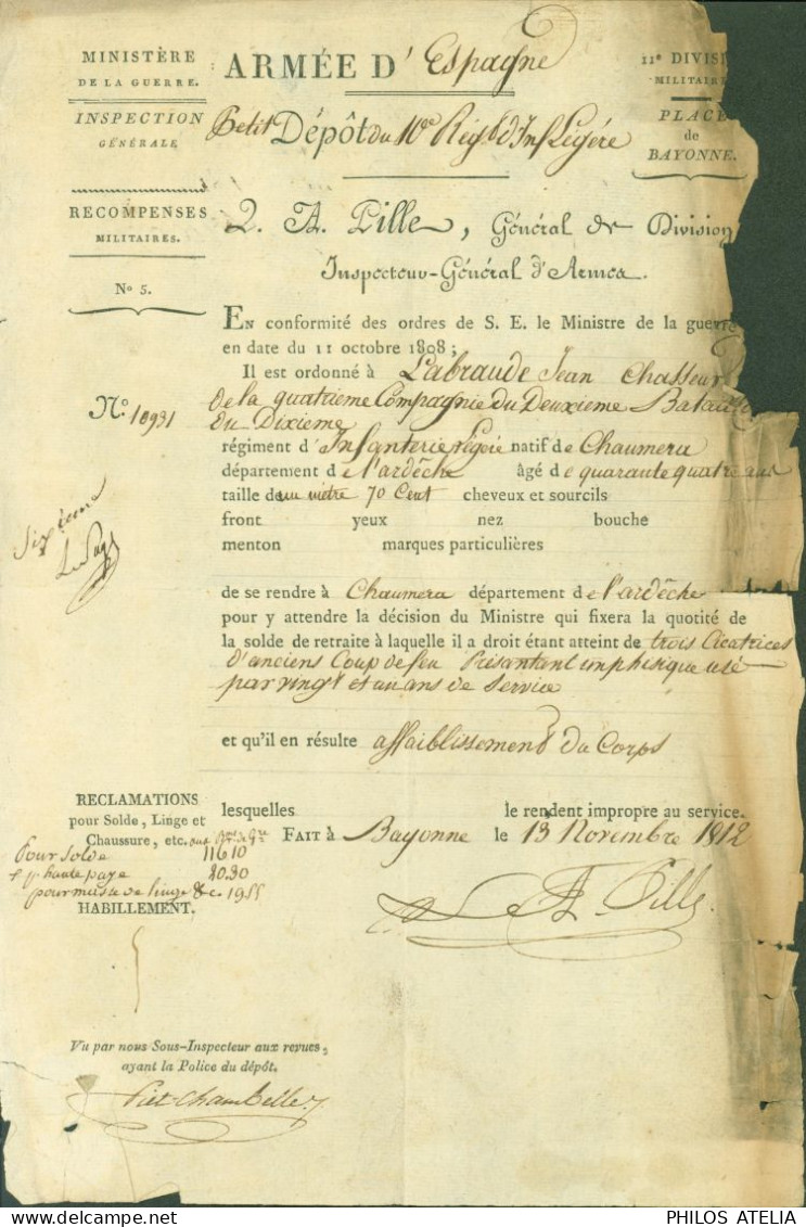 LAS Lettre Autographe Signature Louis Antoine Pille Général Français Révolution & Empire Doc Armée D'Espagne 11e Div Mil - Politiek & Militair