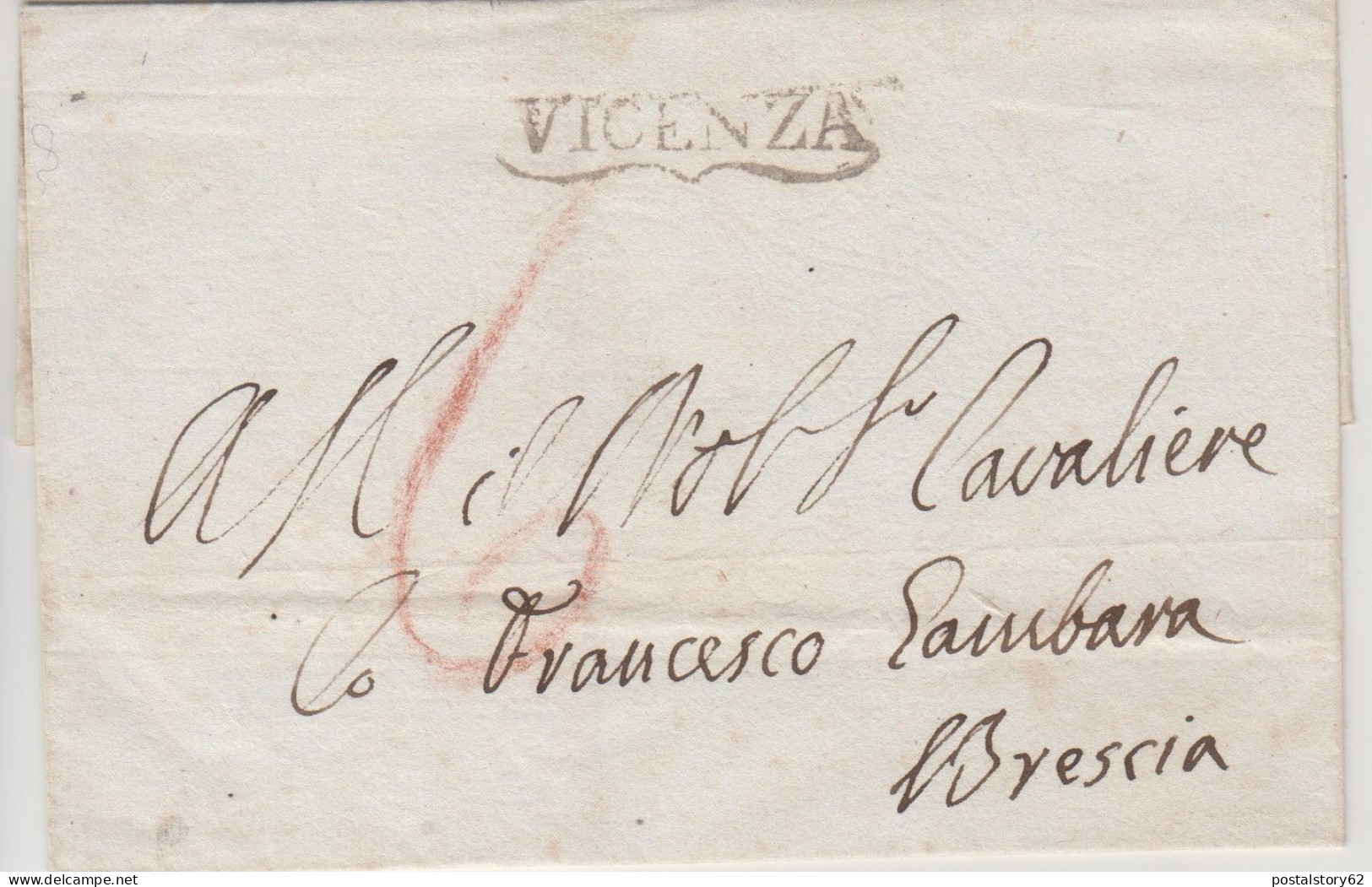 Prefilatelica, Vicenza Per Brescia, Cover Tassata In Rosso - ...-1850 Préphilatélie