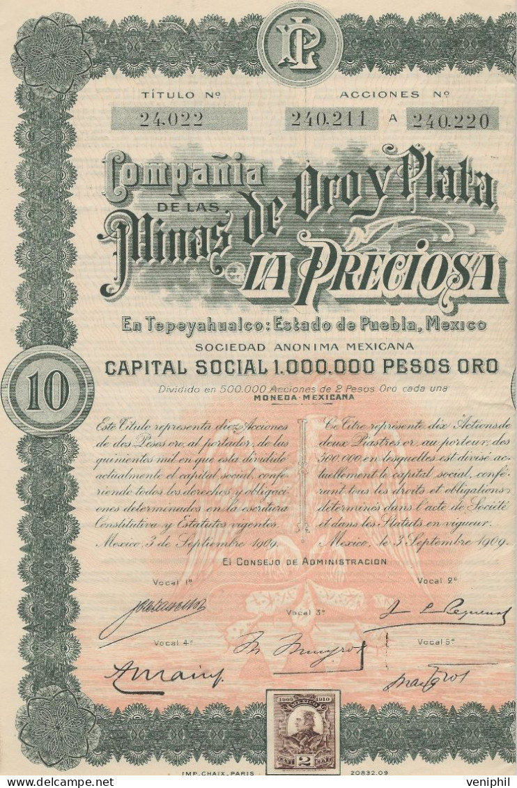 COMPAGNIE DE LAS MINAS DE ORO Y PLATA LA PRECIOSA -MEXIQUE -LOT DE 3 ACTIONS   ANNEE 1909 - Bergbau