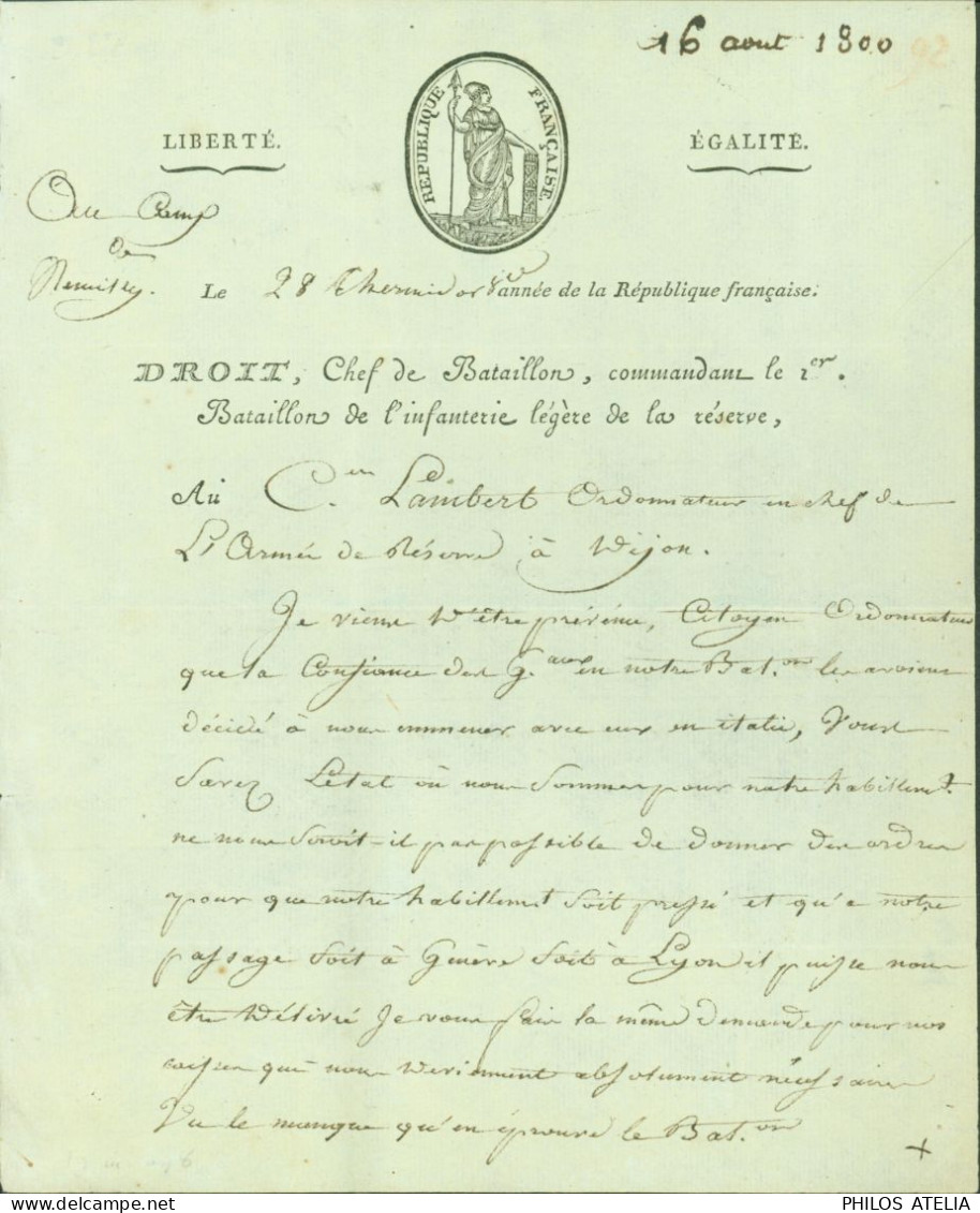 LAS Lettre Autographe Signature An 8 M Droit Chef Bataillon Commandant 2e Bataillon Infanterie Légère De Réserve Dijon - Politisch Und Militärisch