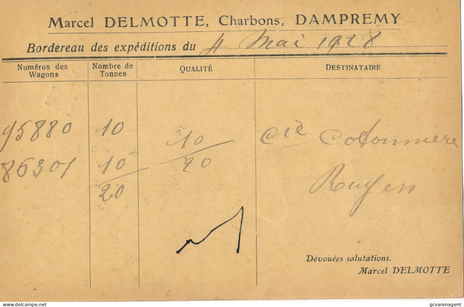 DAMPREMY   BEDRIJFSKAART   MARCEL DELMOTTE  CHARBONS & COKES          ZIE AFBEELDINGEN - Charleroi