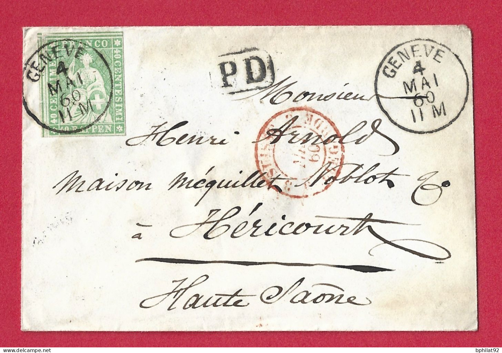 !!! SUISSE, 40 CTS HELVETIA DEBOUT SUR LETTRE DE GENEVE POUR LA FRANCE DE 1860 - Storia Postale
