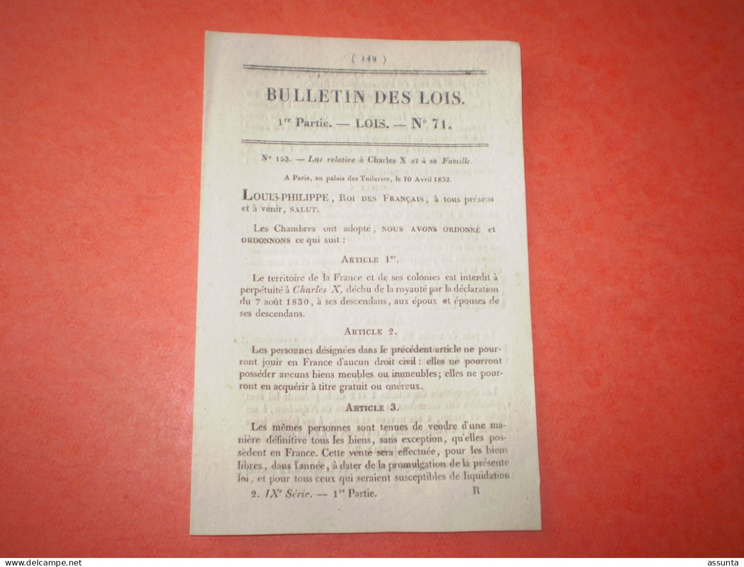 Lois 1832 Le Roi Charles X Et Sa Famille Sont Interdits De Territoire France Et Colonies - Décrets & Lois