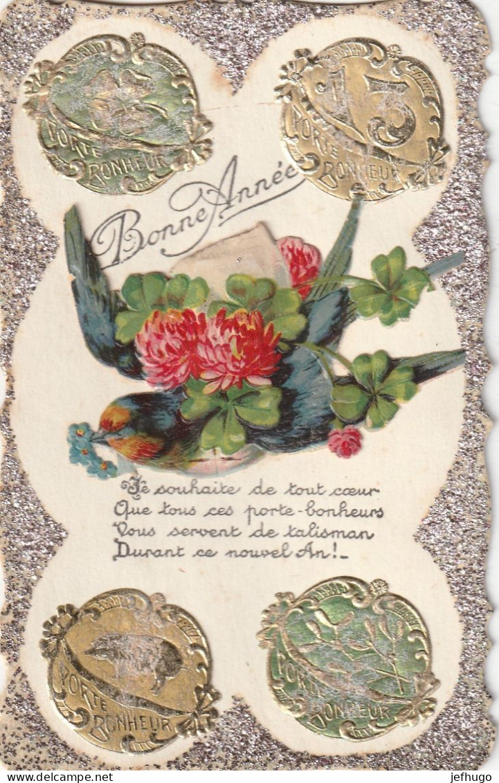 80 -CARTE BONNE ANNEE.DECOUPIS GAUFFRE OISEAU FLEURS.DECOUPIS PORTE BONHEUR GAUFFRES PAILLETTES . TBE . SCAN RECTO VERSO - Mechanical