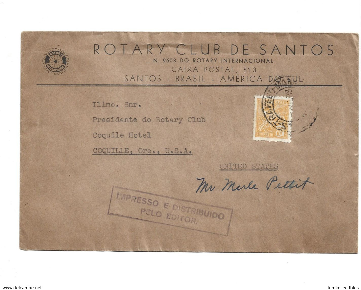 BRAZIL BRASIL - ROTARY CLUB SANTOS - 1939 COVER TO USA - Sonstige & Ohne Zuordnung