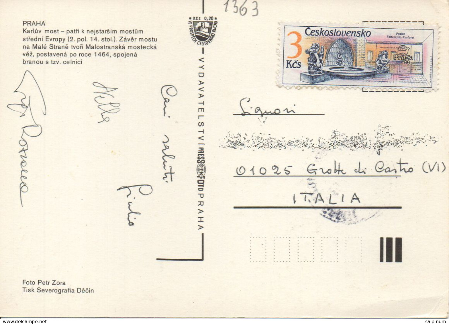 Philatelic Postcard With Stamps Sent From CZECHOSLOVAKIA To ITALY - Brieven En Documenten