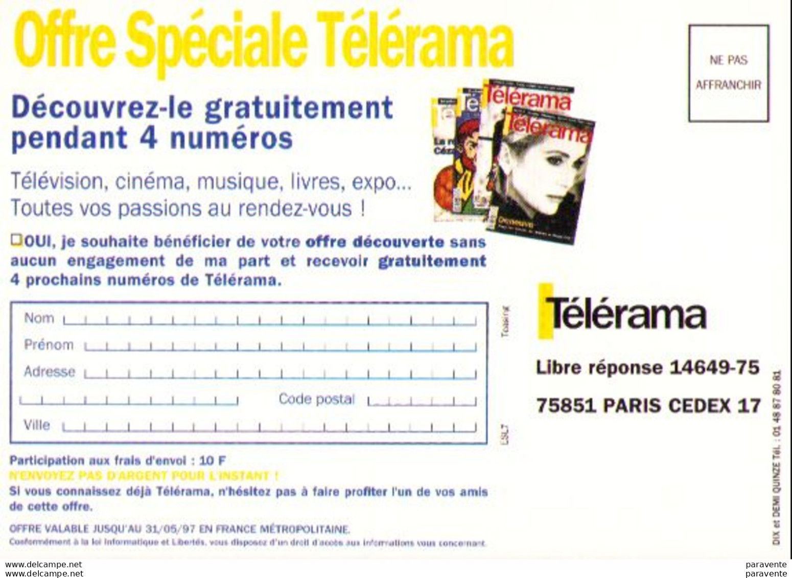 Carte Publicité TELERAMA Avec BLAKE ET MORTIMER En 1996 - Postkaarten