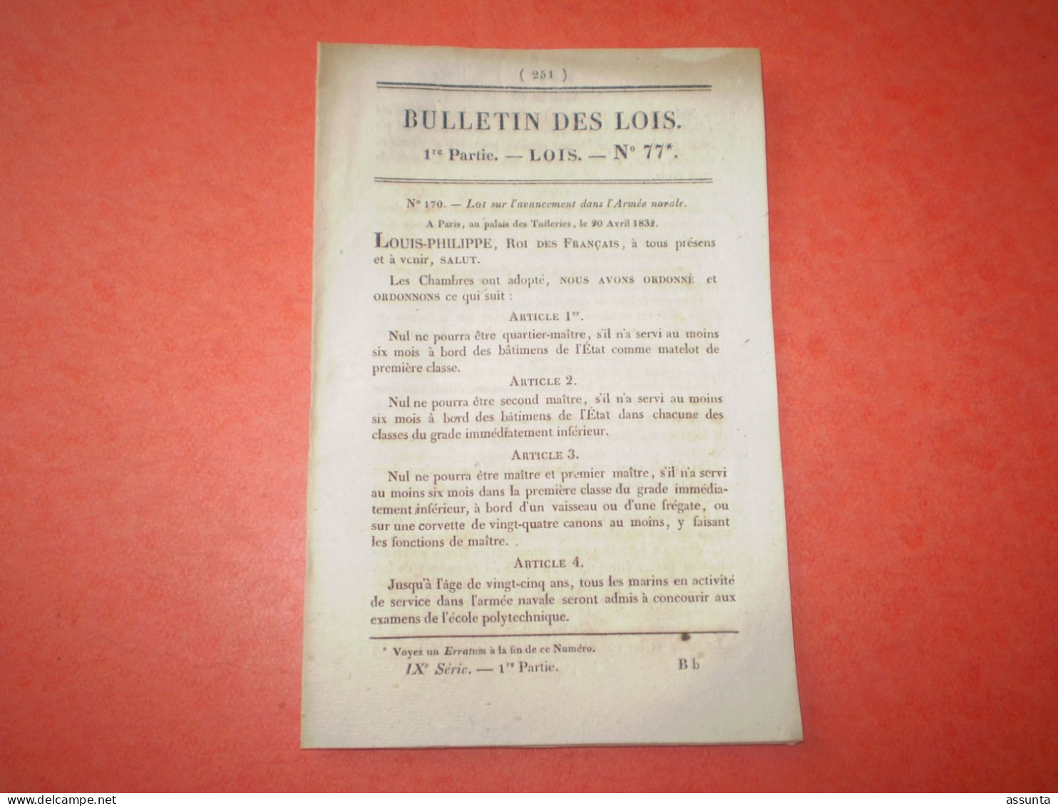 Lois 1832 Sur L'avancement Dans L'Armée Navale. Secours Aux Réfugiés Polonais. Bail ,emphytéotique Forêt Fontainebleau - Decrees & Laws