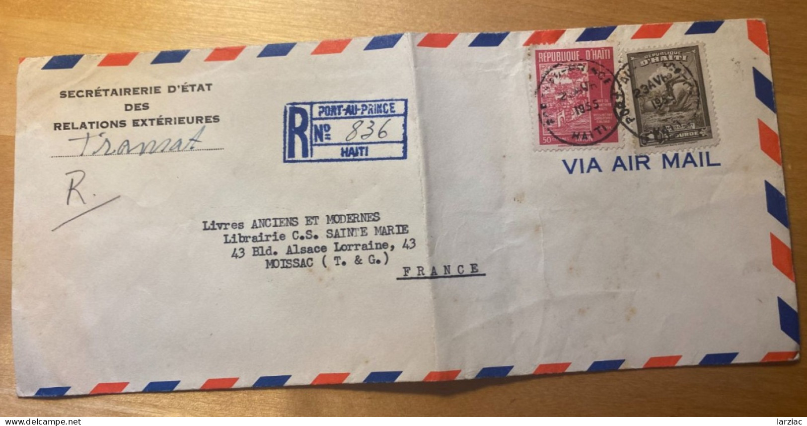 Enveloppe Affranchissement Composé Haïti En Recommandé Pour La France Oblitération Port Au Prince 1955 - Haiti