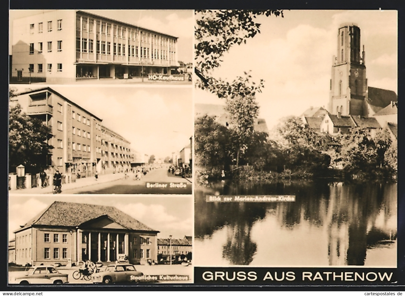 AK Rathenow, HO-Kaufhaus, Blick Zur Marien-Andreas-Kirche, Berliner-Strasse, Staatliches Kulturhaus  - Rathenow