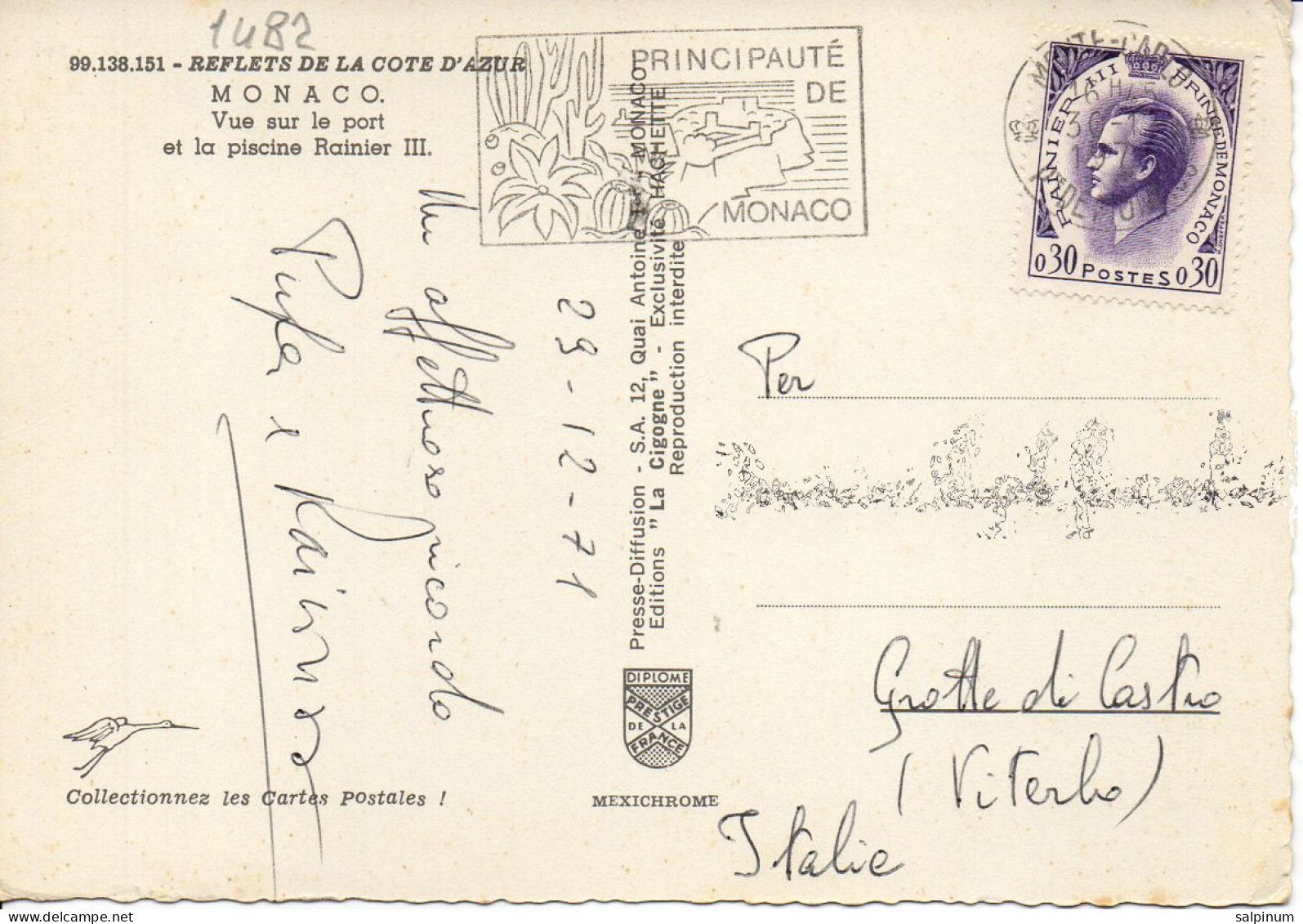 Philatelic Postcard With Stamps Sent From PRINCIPALITY OF MONACO To ITALY - Covers & Documents