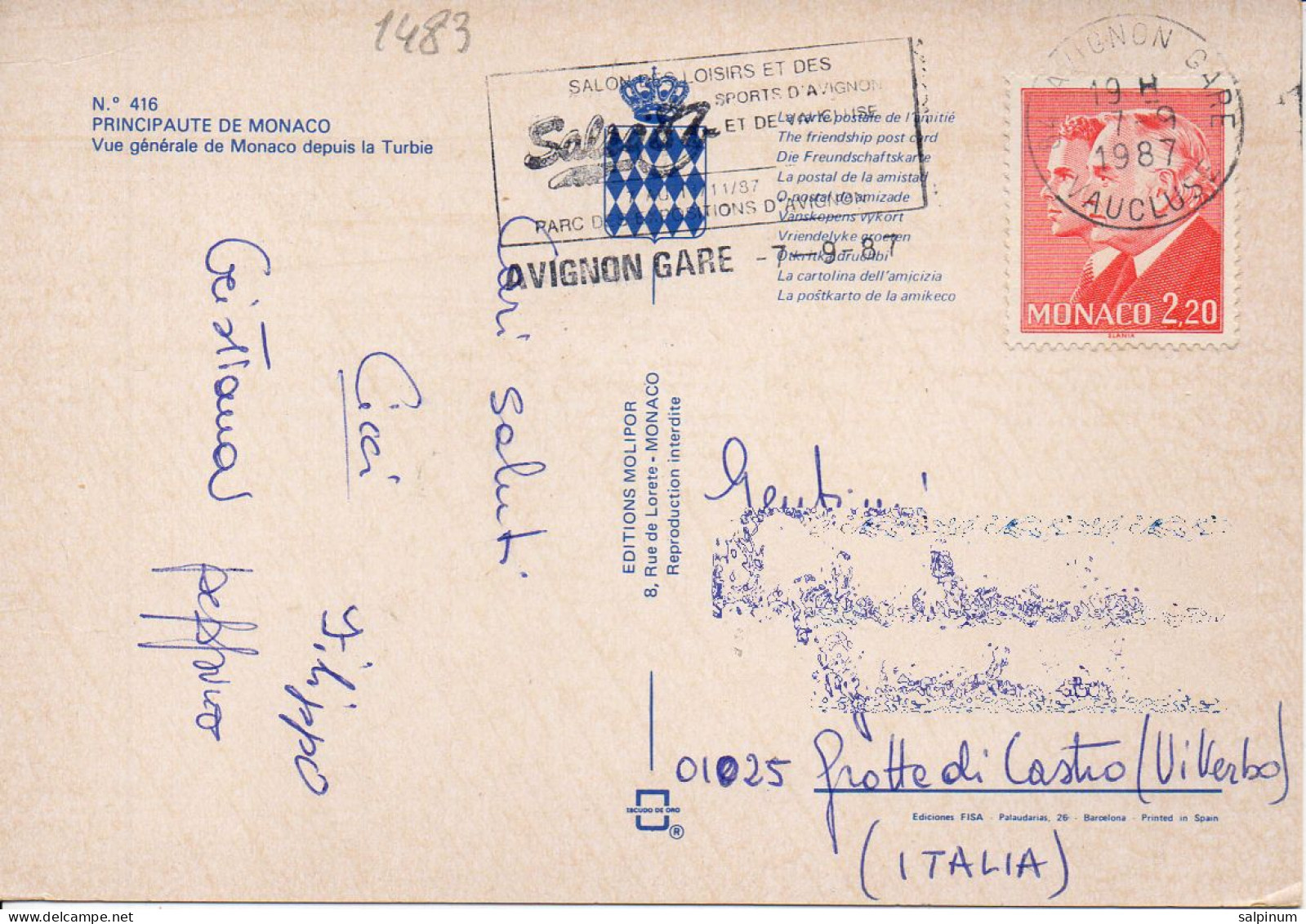 Philatelic Postcard With Stamps Sent From PRINCIPALITY OF MONACO To ITALY - Briefe U. Dokumente