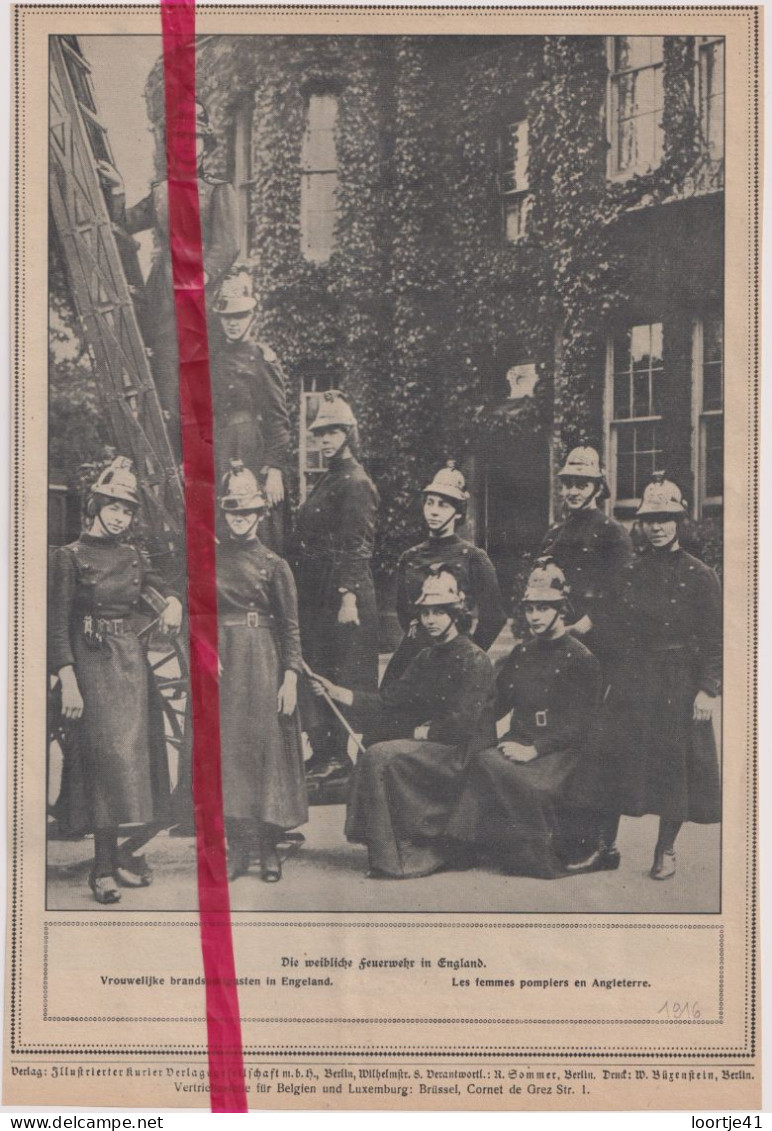 Vrouwen Bij De Brandweer Des Femmes Pompiers En Angleterre - Orig. Knipsel Coupure Tijdschrift Magazine - 1916 - Firemen