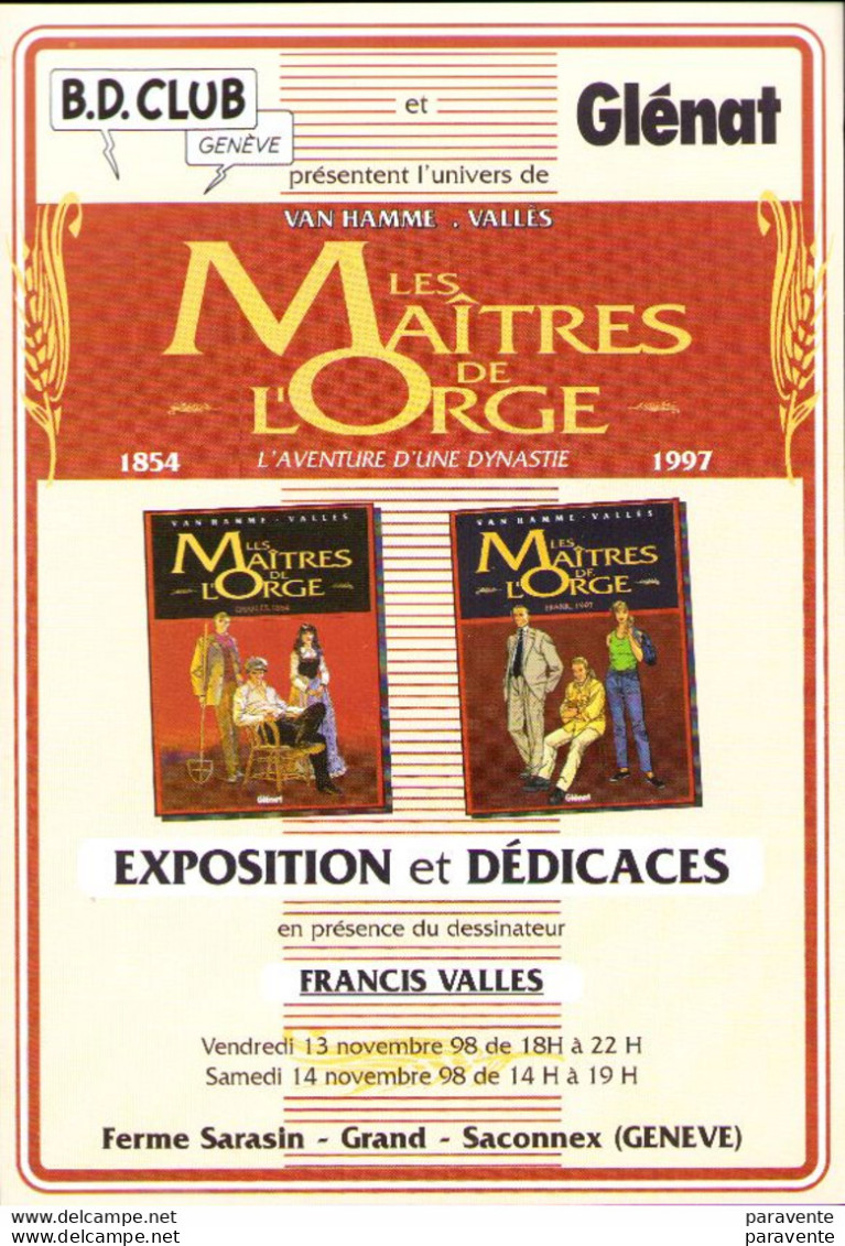 VALLES Flyer Pour Dédicace LES MAITRES DE L'ORGE Au BD CLUB DE GENEVE En 1998 - Postkaarten