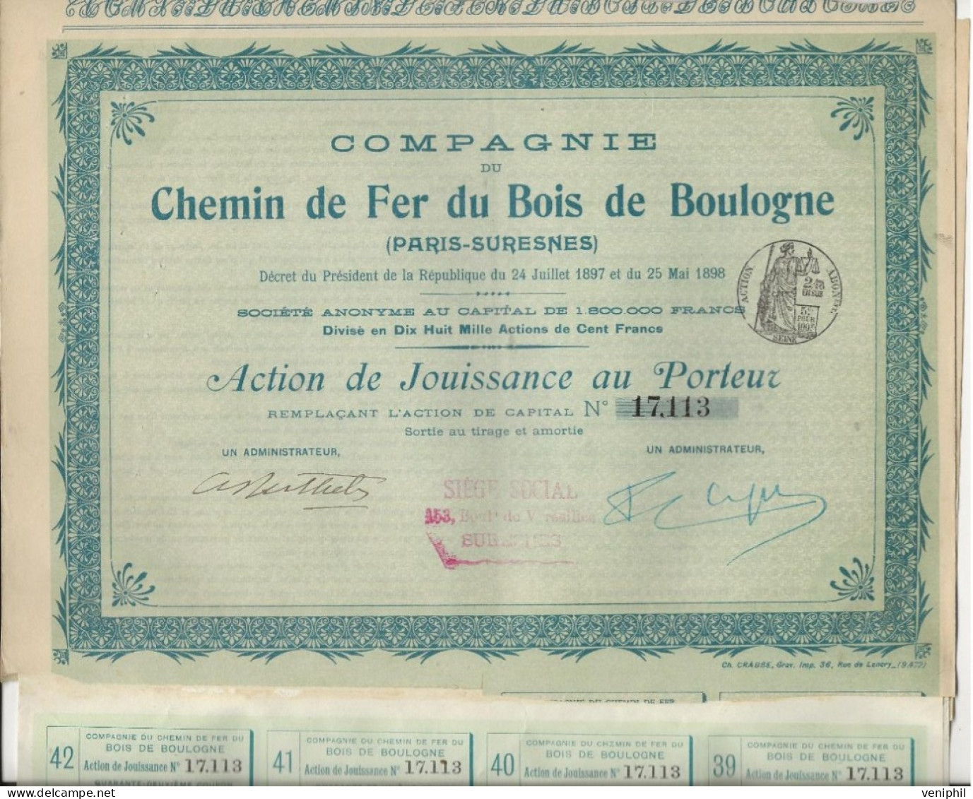 COMPAGNIE DU CHEMIN DE FER DU BOIS DE BOULOGNE ( PARIS-SURESNES) LOT DE 3 ACTIONS DE JOUISSANCE ANNEE 1898 - Spoorwegen En Trams