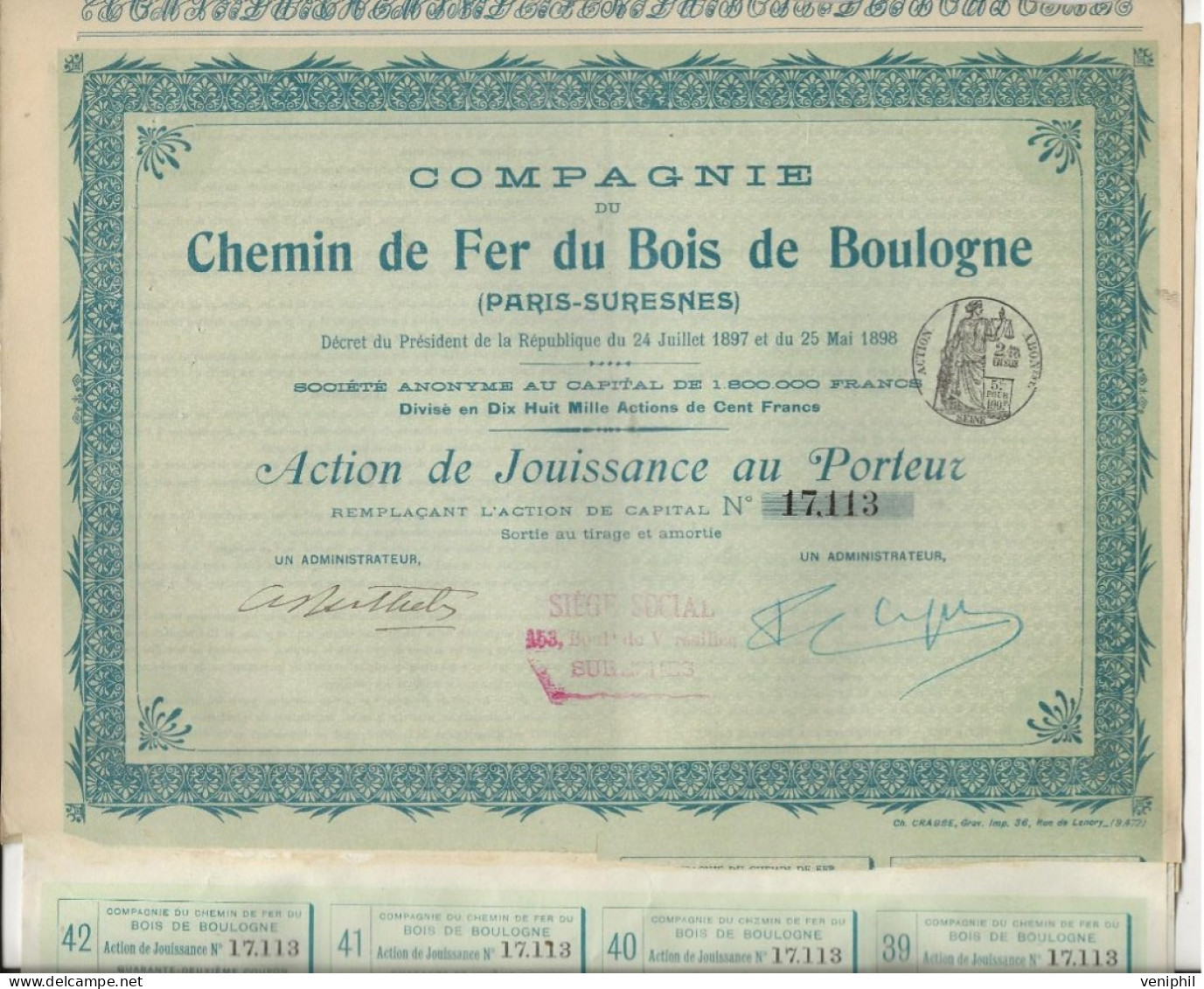 COMPAGNIE DU CHEMIN DE FER DU BOIS DE BOULOGNE ( PARIS-SURESNES) LOT DE 3 ACTIONS DE JOUISSANCE ANNEE 1898 - Railway & Tramway