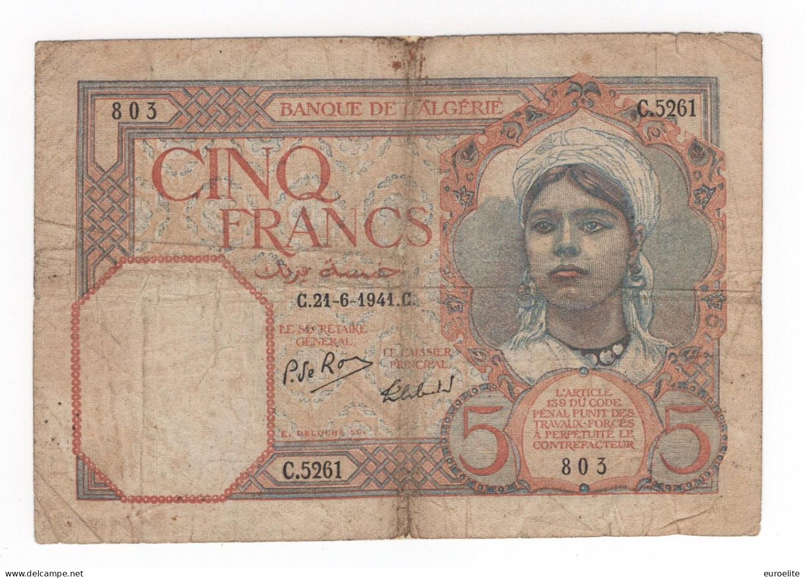 Algeria - Banca Dell'Algeria - 5 Francs 21/06/1941 - Algerien