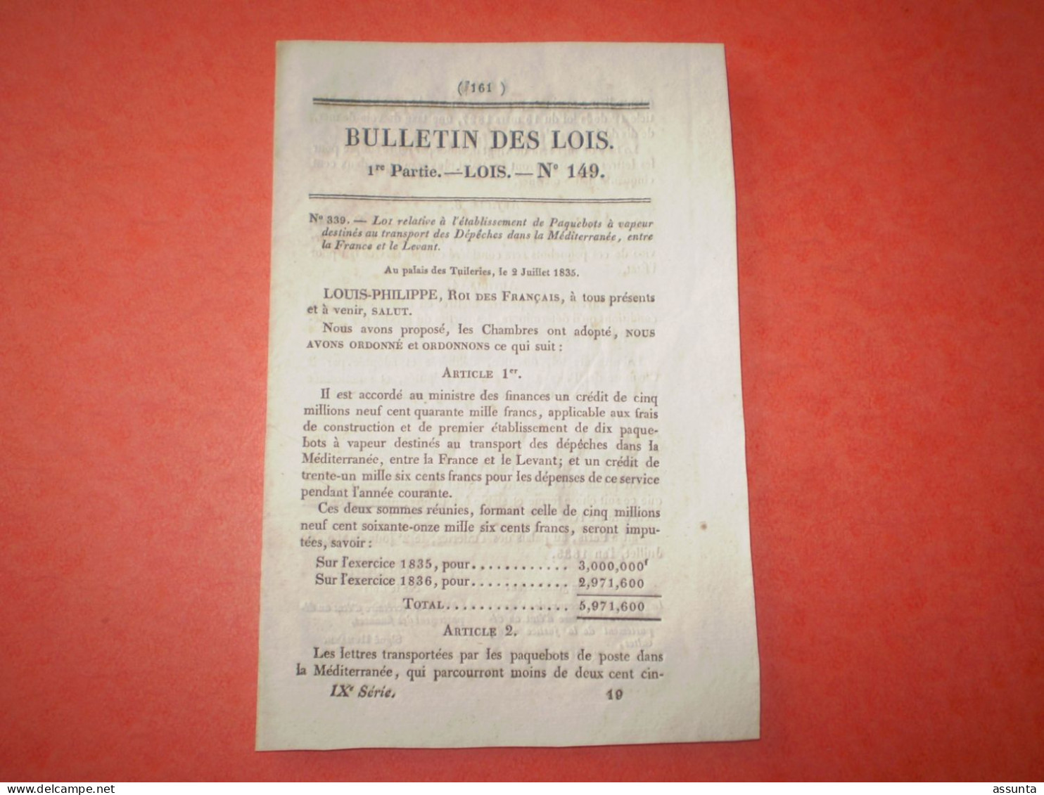 Lois 1835 Sur Les Paquebots De Poste à Vapeur En Méditerranée. Echange Château De Bordeaux. Thermes Saint Amand - Gesetze & Erlasse