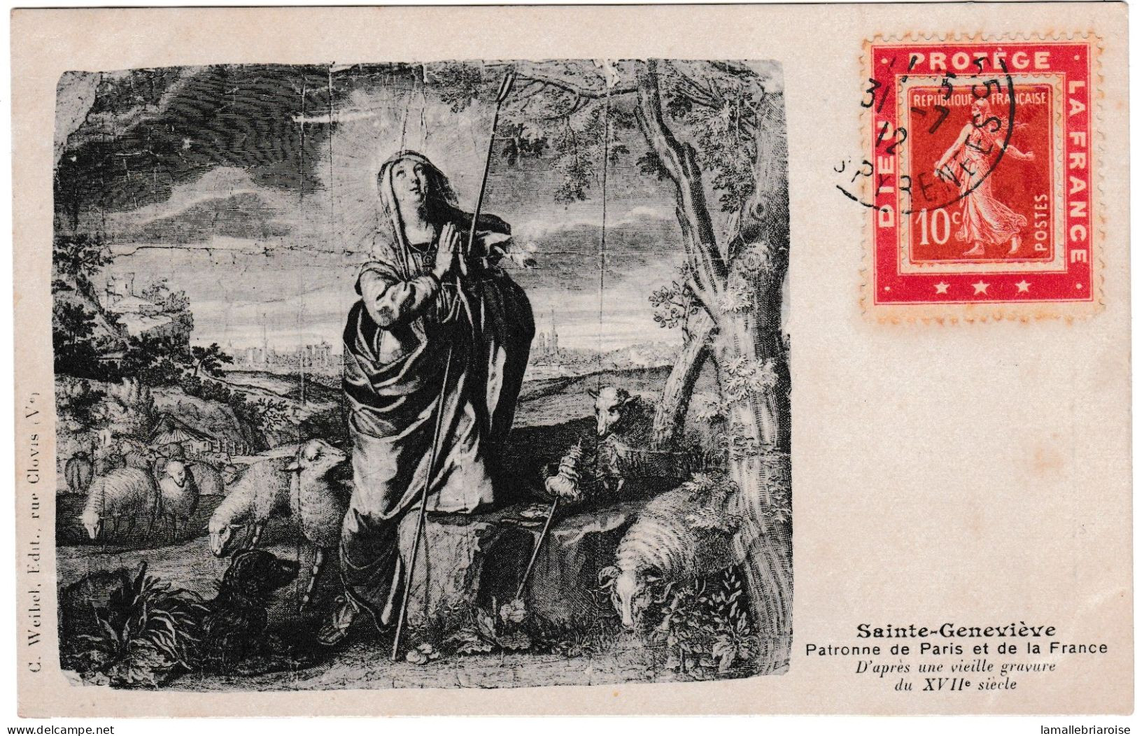 Porte Timbre: Dieu Protège La France Et Semeuse Sur Carte  Sainte Genevieve, Patronne De Paris Et De La France - 1906-38 Semeuse Camée