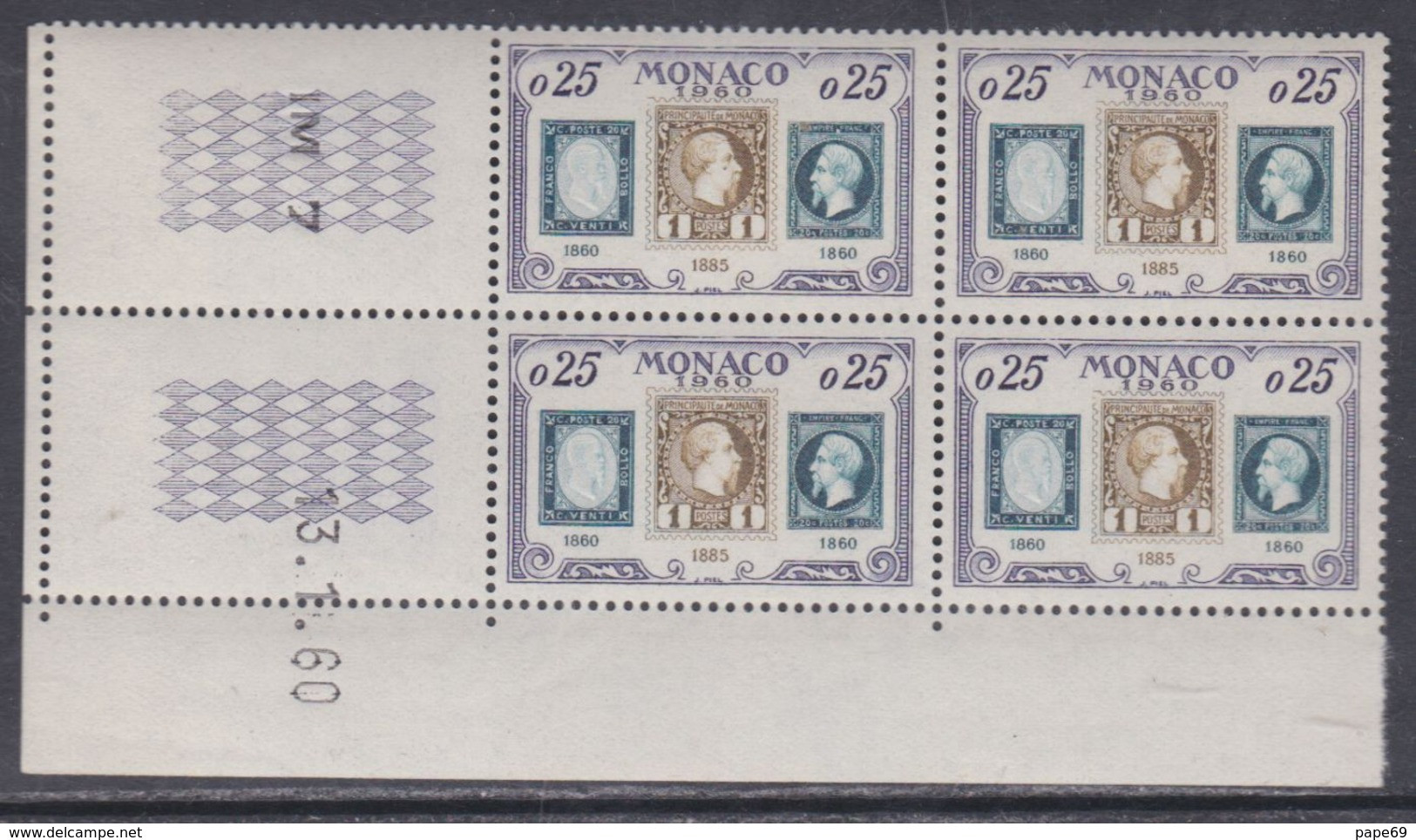 MONACO N° 525 XX 75è Anniv. Du Timbre Monégasque En Bloc De 4 Coin Daté Du 13. 1 . 60 ; Sans Trait, Sans Charnière, TB - Unused Stamps