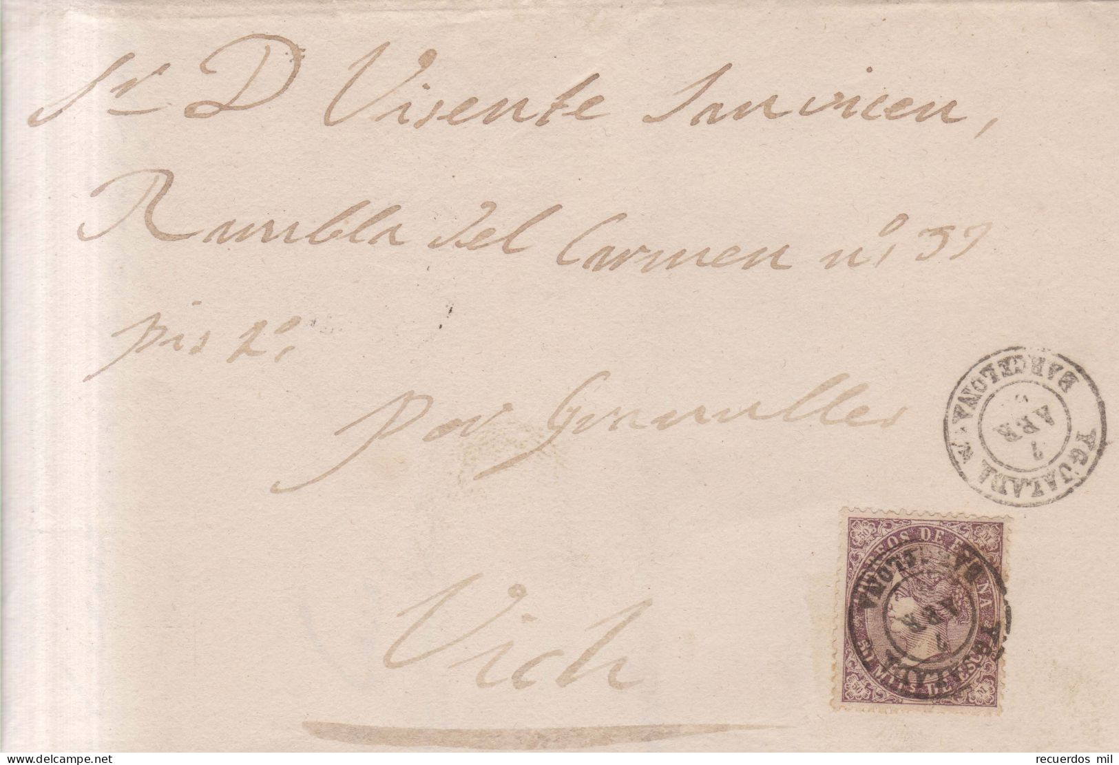 Año 1868 Edifil 98 Isabel II Carta Matasellos Ygualada Barcelona Cristina Casas Curioso Escrito - Lettres & Documents