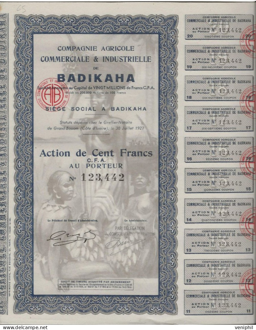 COMPAGNIE AGRICOLE COMMERCIALE ET INDUSTRIELLE  DU BADIKAHA -COTE D'IVOIRE LOT DE 10 ACTIONS DE 100 FRS C.F.A.ANNEE 1922 - Agricoltura