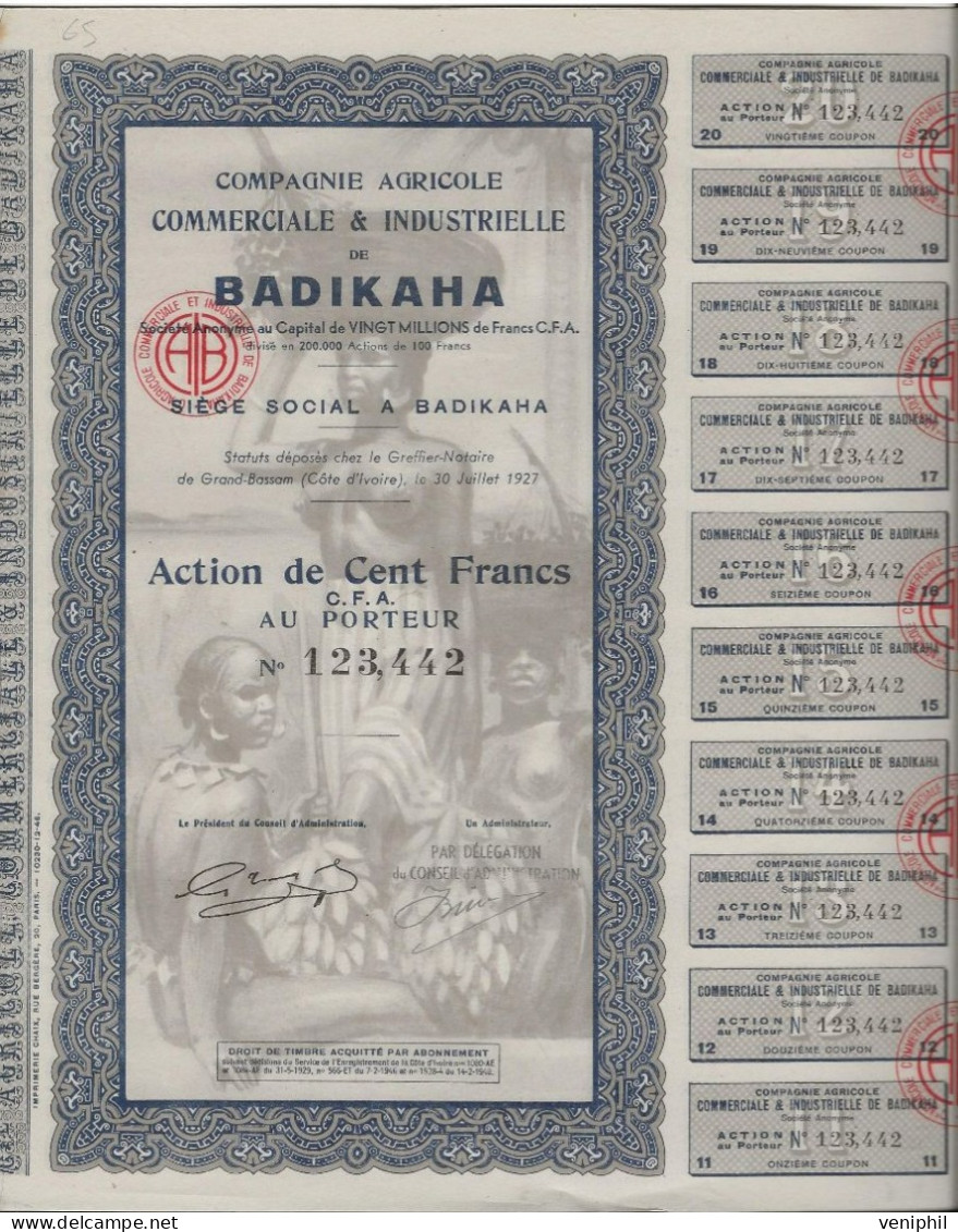 COMPAGNIE AGRICOLE COMMERCIALE ET INDUSTRIELLE  DU BADIKAHA -COTE D'IVOIRE LOT DE 10 ACTIONS DE 100 FRS C.F.A.ANNEE 1922 - Agricultura