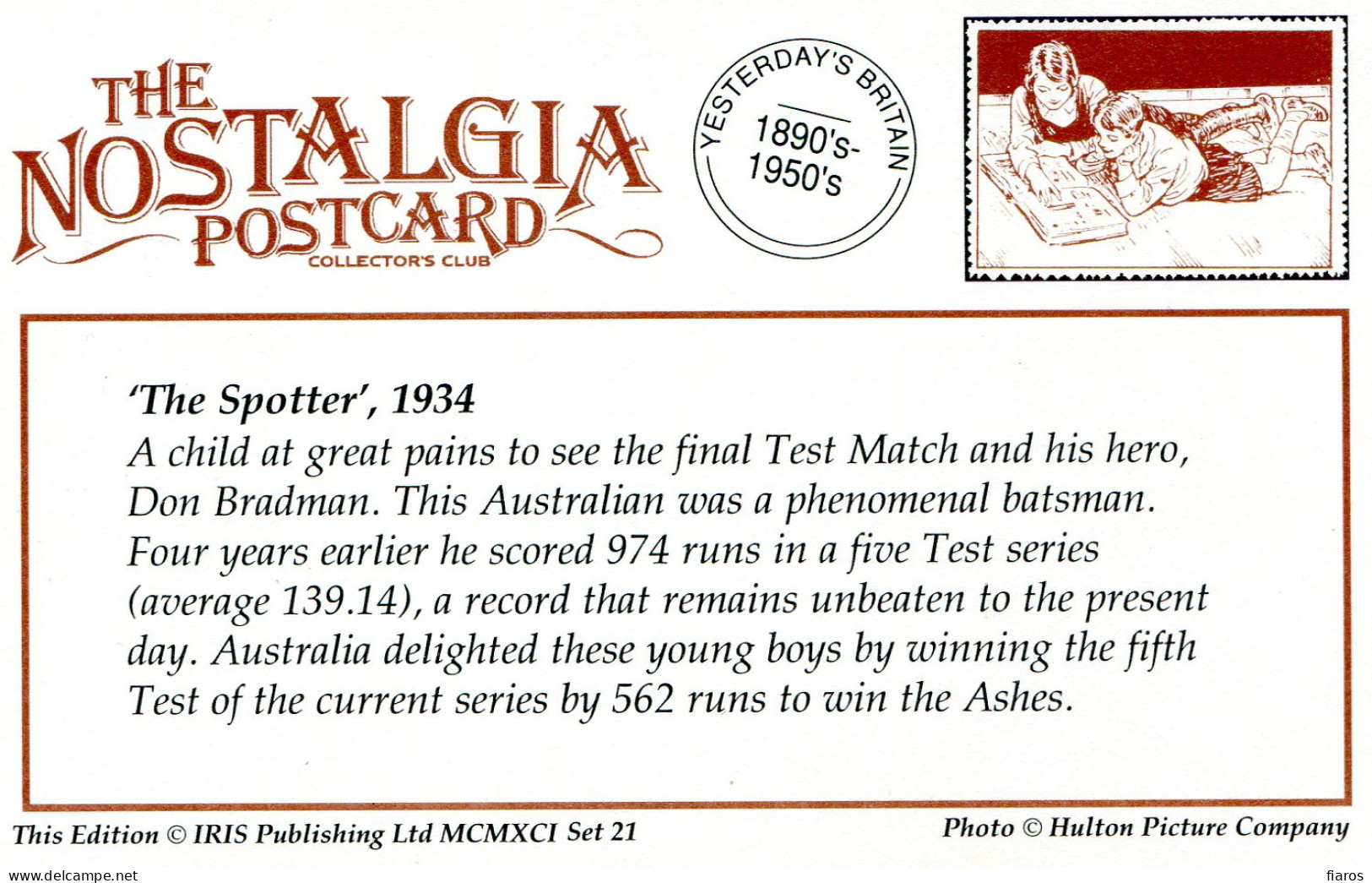 " 'The Spotter', 1934" Children, Don Bradman, Batsman, Hero, Match, Ashes Men's Test Cricket Series [CPM Nostalgia Card] - Gruppi Di Bambini & Famiglie