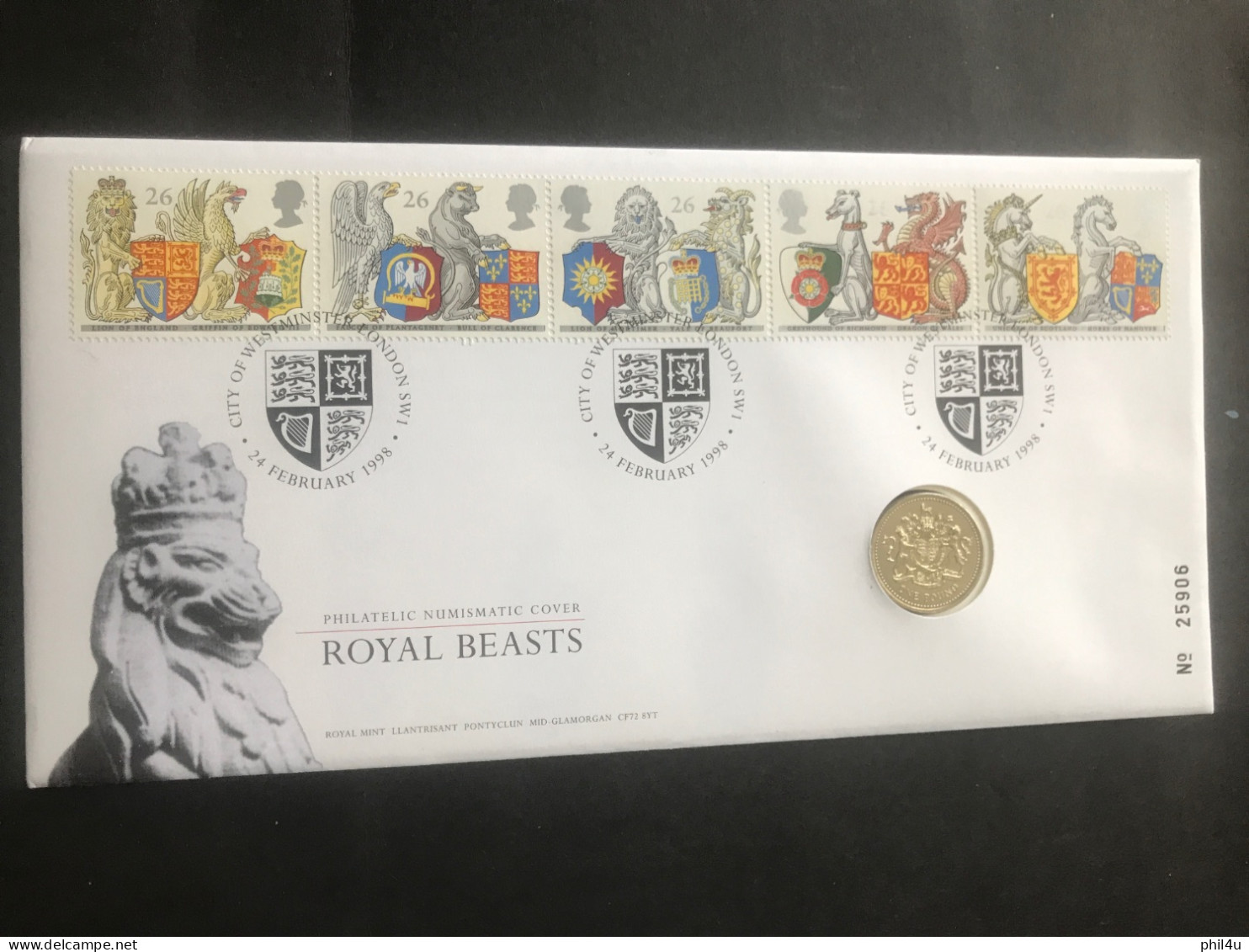 1998 GB 2 Royal Beasts £1 Coin Covers See Photos - Storia Postale