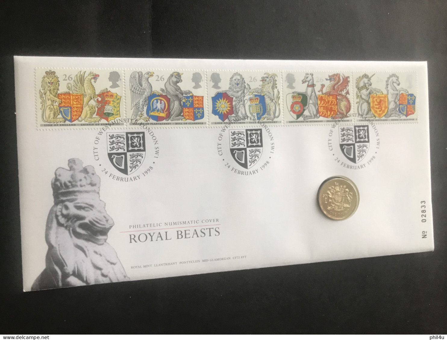 1998 GB 2 Royal Beasts £1 Coin Covers See Photos - Storia Postale