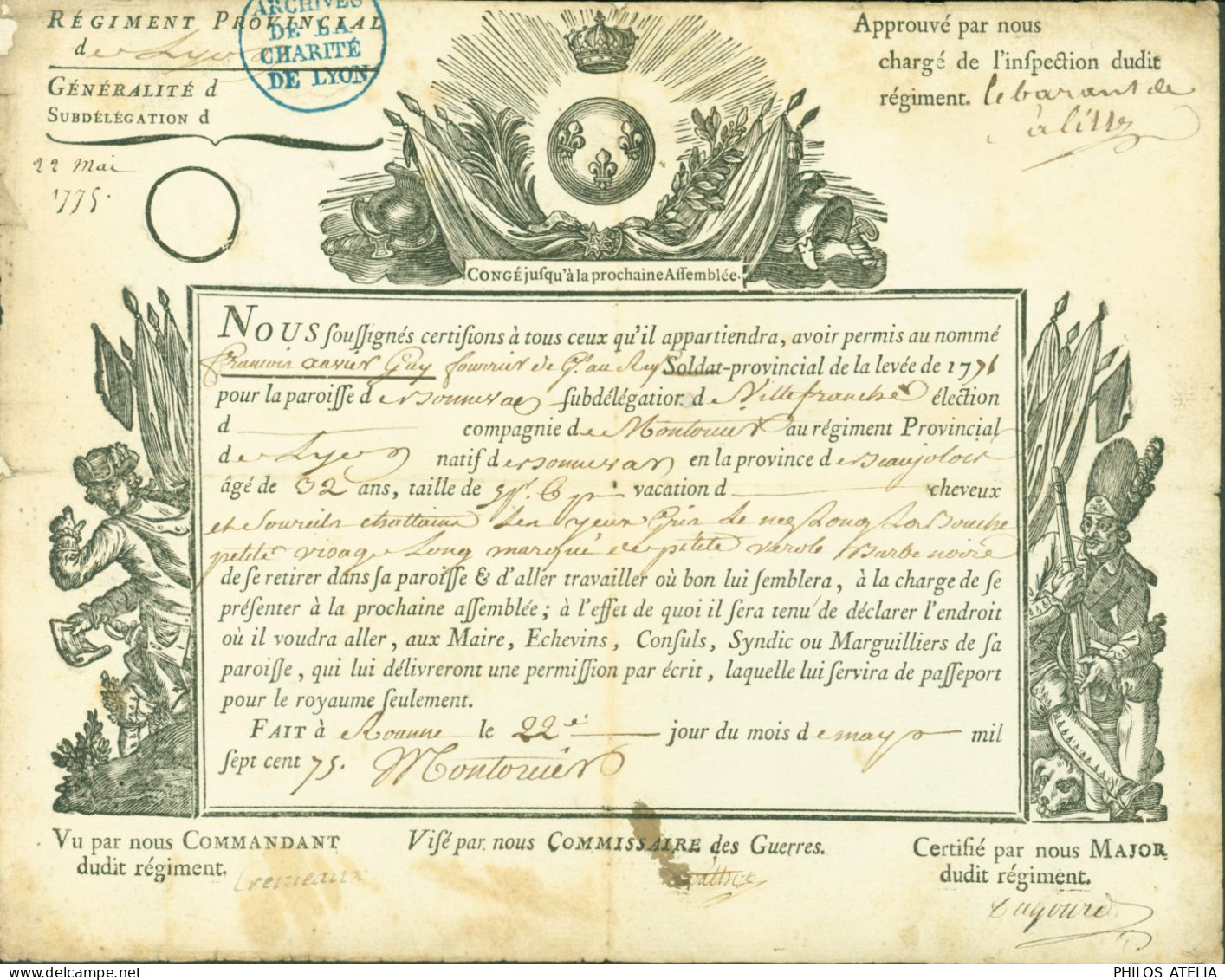 Régiment Provincial Lyon Roanne 1775 LAS Lettre Autographe Signatures Commandant Commissaire De Guerre Major Régiment - Politisch Und Militärisch