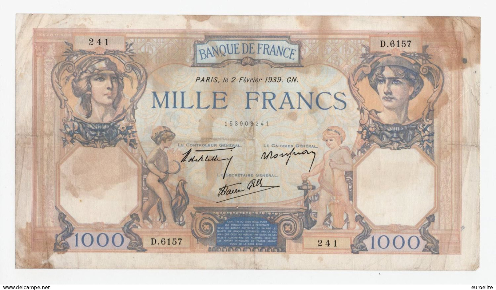 Francia - Terza Repubblica (1870-1940) - 1000 Francs "Ceres Et Mercure" - 1 000 F 1927-1940 ''Cérès Et Mercure''