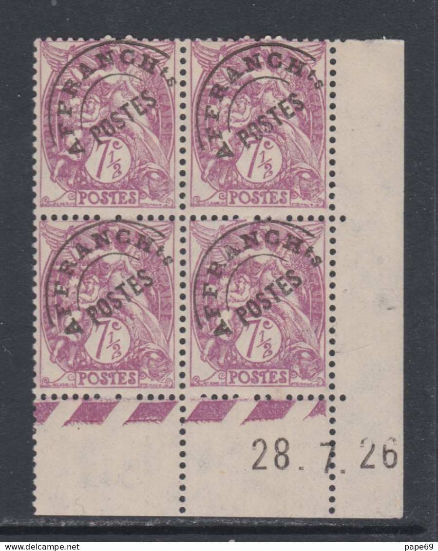 France Préoblitéré N° 42 XX Type Blanc  7 1/2 C Lilas En Bloc De 4 Coin Daté Du 28 . 7 . 26   Sans Charnière, TB - Precancels