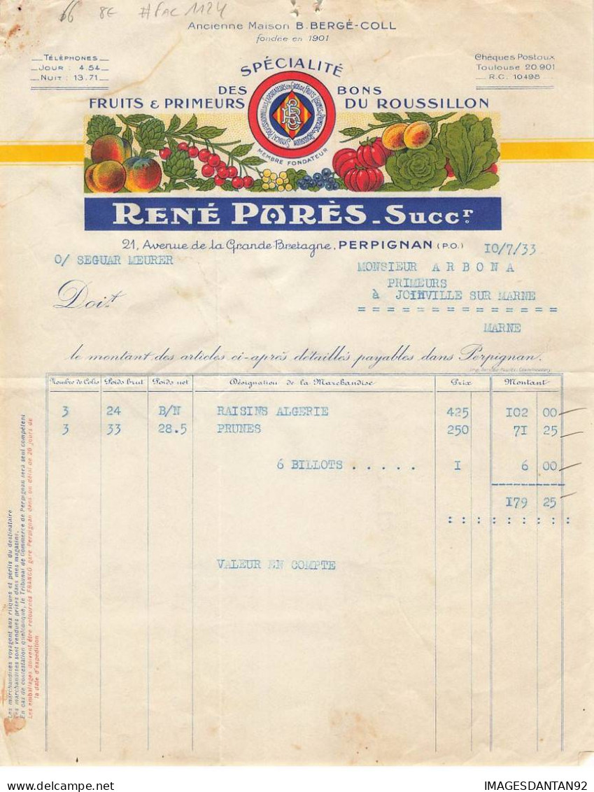 66 PERPIGNAN #FAC1124 RENE PARES FRUITS ET PRIMEURS DU ROUSSILLON 1933 - 1900 – 1949