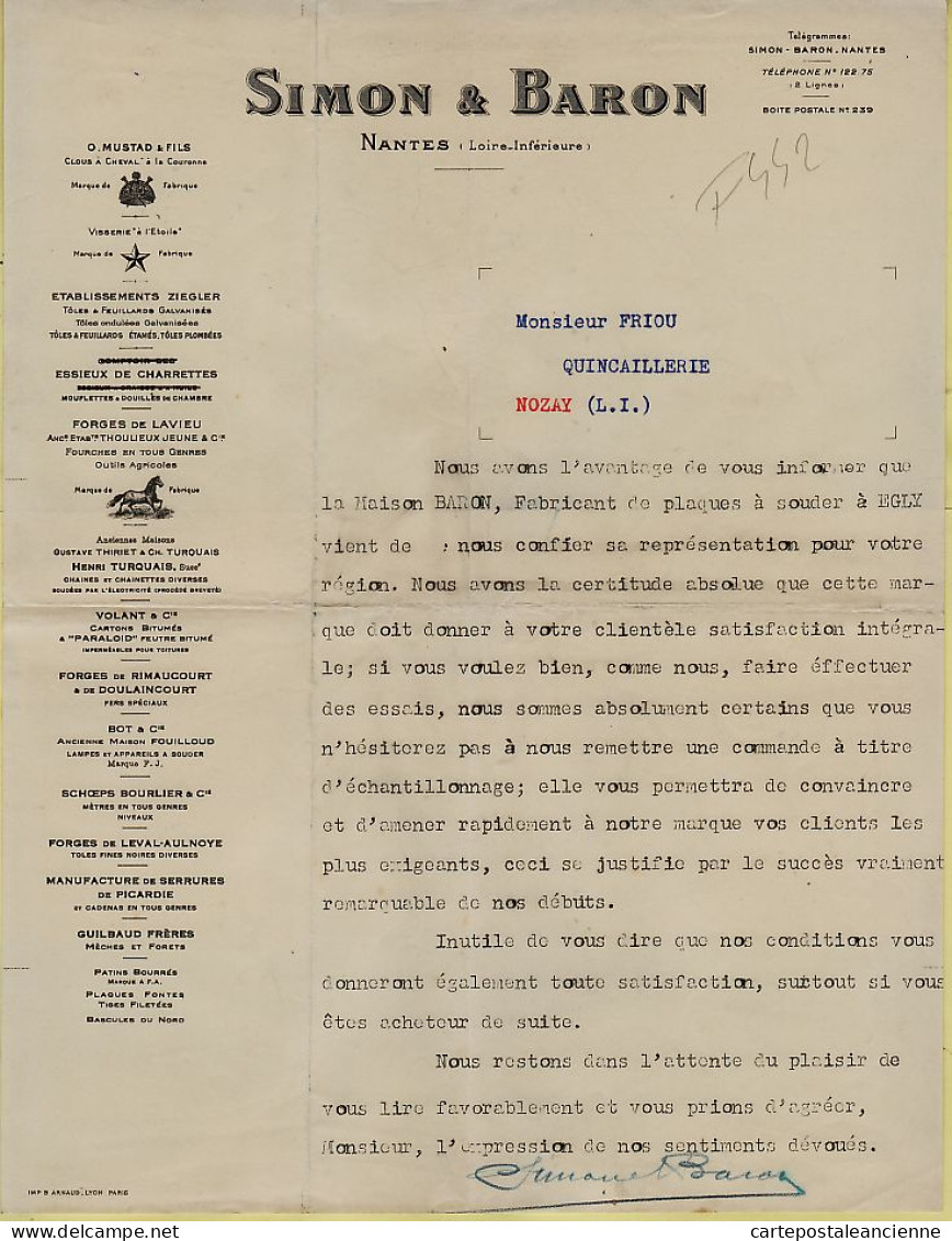 25707 / NANTES SIMON-BARON-MUSTAD Clous Cheval ZIEGLER Essieux Charrette 1920s à Quincaillerie FRIOU Nozay - 1900 – 1949