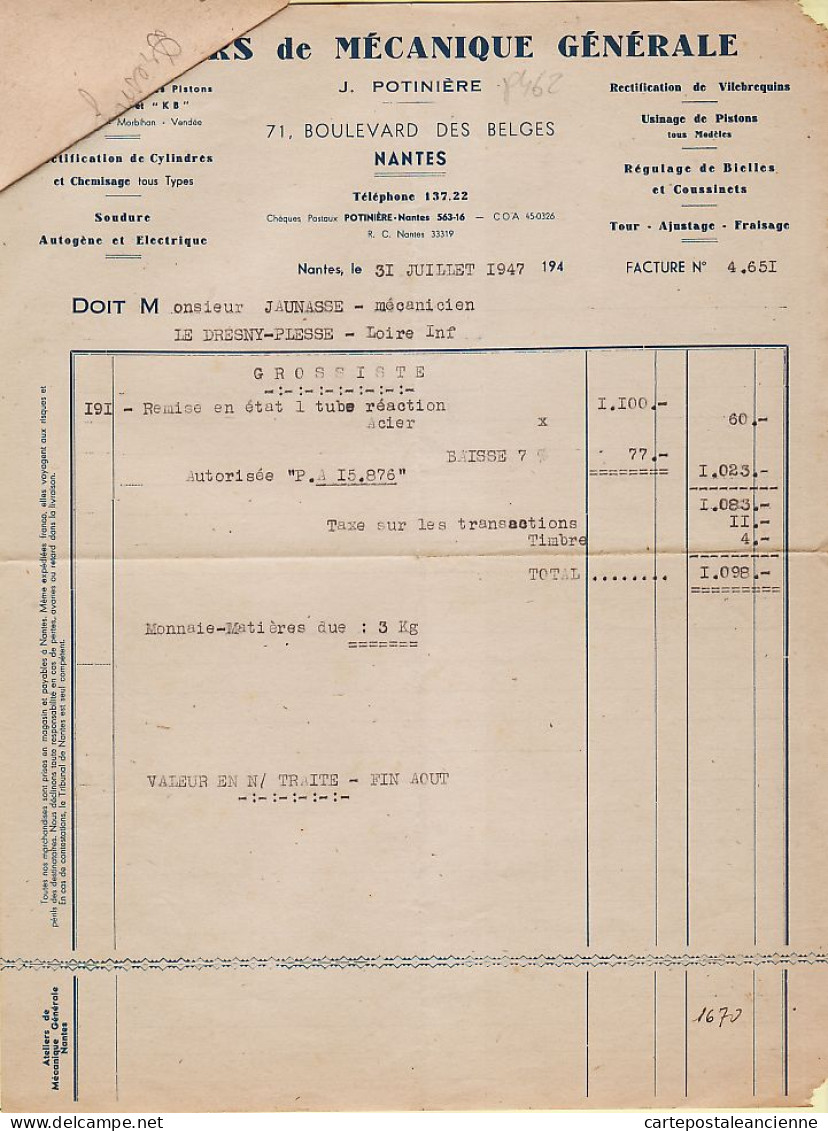 25690 / NANTES POTINIERE Ateliers Mécanique Générale Boulevard BELGES Facture-Lettre-Change 1947 à JAUNASSE Mécanicien - 1900 – 1949