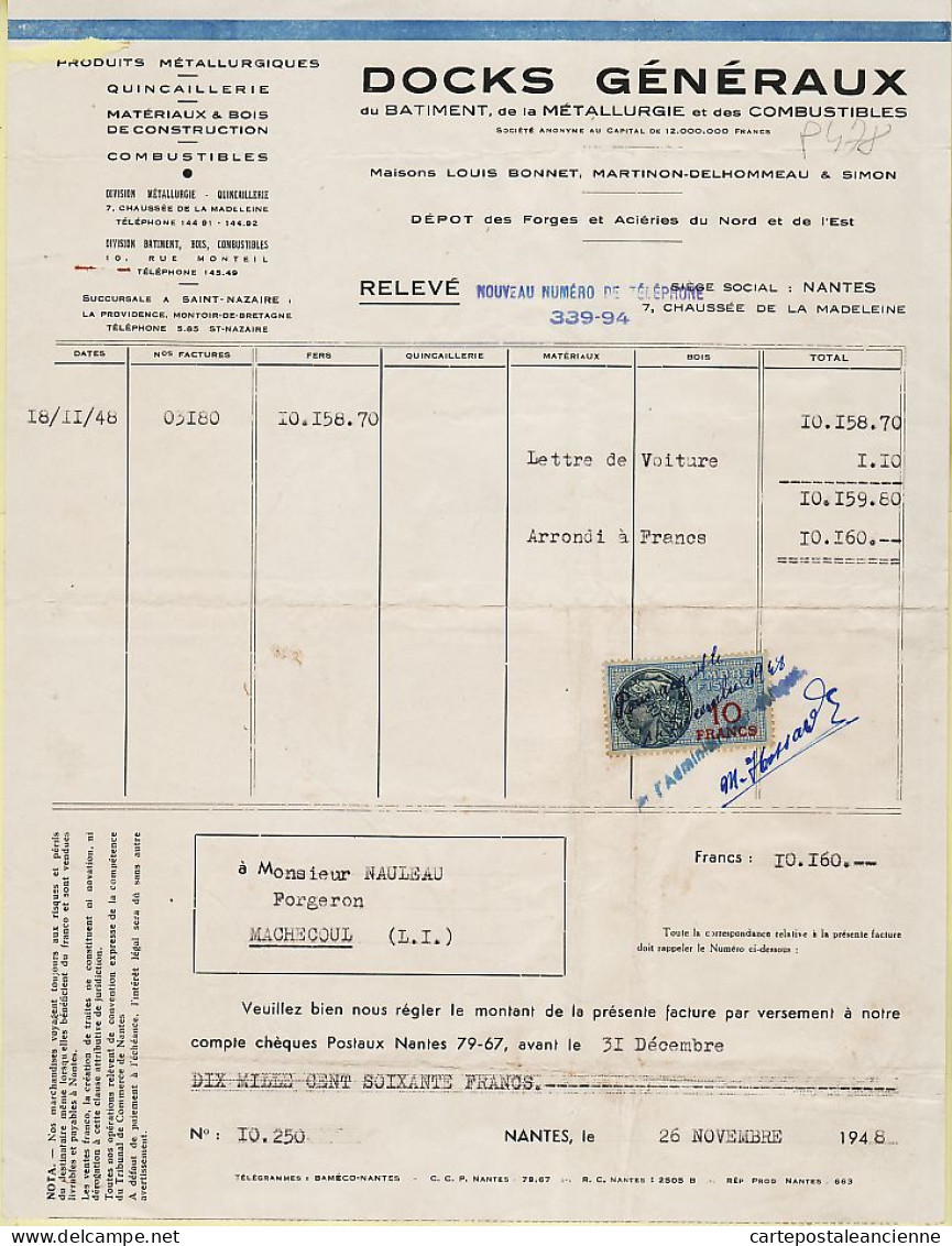 25694 / NANTES BONNET-MARTINON-DELHOMMEAU-SIMON Docks Généraux Timbre Fiscal Facture 1948 à NAULLEAU Forgeron Machecoul - 1900 – 1949