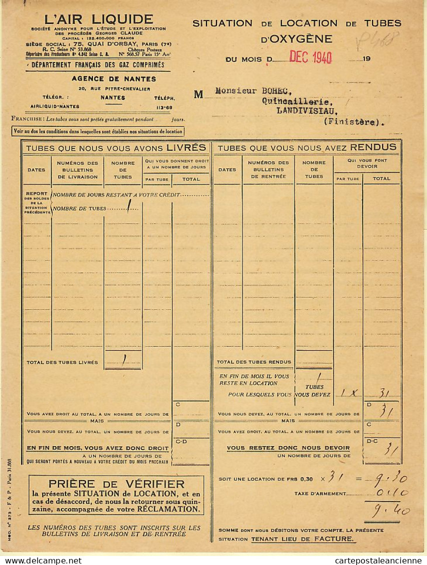 25698 / NANTES L' AIR LIQUIDE Rue Pitre-Chevalier Location Tubes Oxygène Facture 1940 à BOHEC Quincaillerie LANDIVISIAU - 1900 – 1949