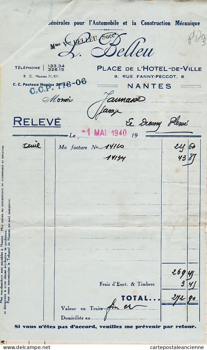 25689 / NANTES BELLEU Fournitures Automobile Liasse Facture Relevé Lettre Change 1940 à JAUNASSE Garage PLESSE - 1900 – 1949