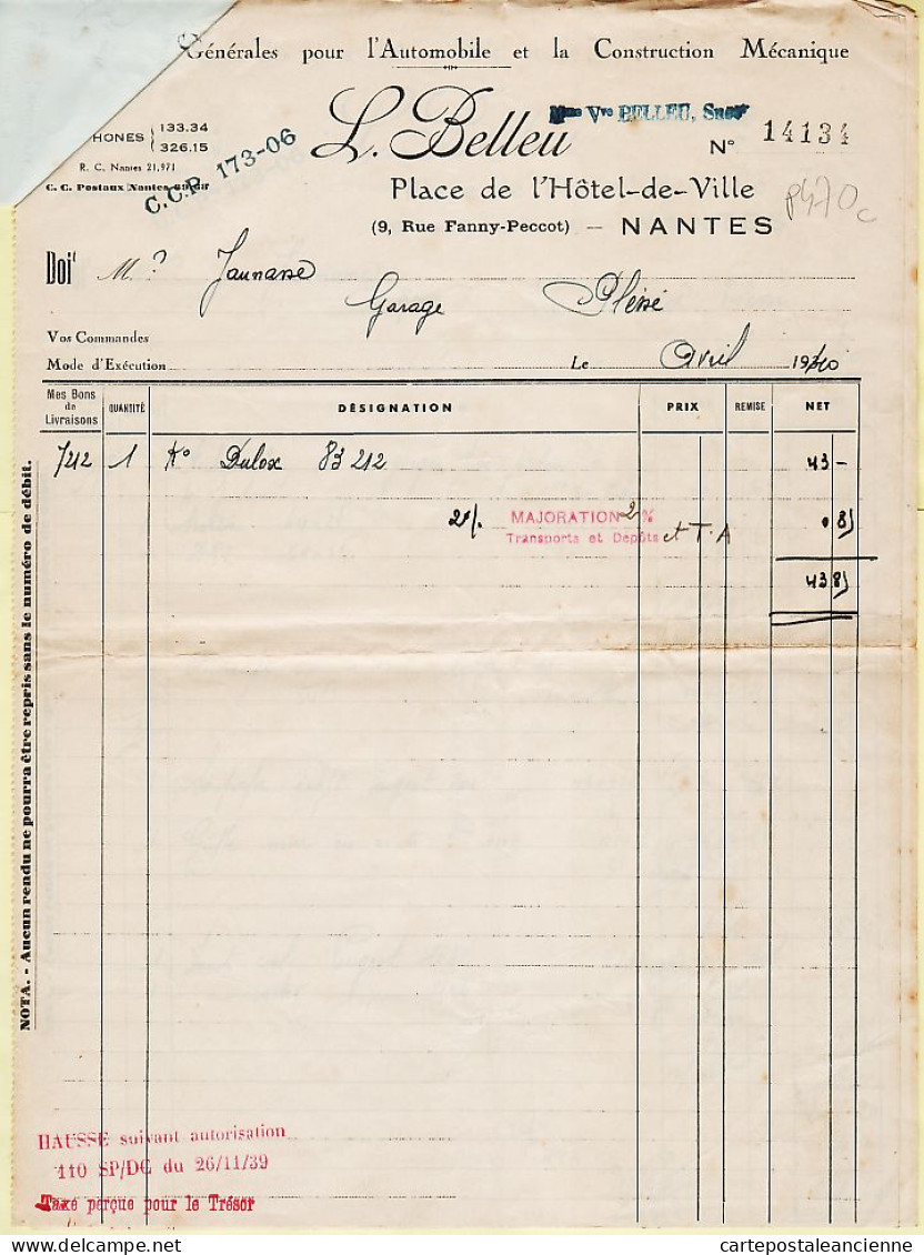 25689 / NANTES BELLEU Fournitures Automobile Liasse Facture Relevé Lettre Change 1940 à JAUNASSE Garage PLESSE - 1900 – 1949